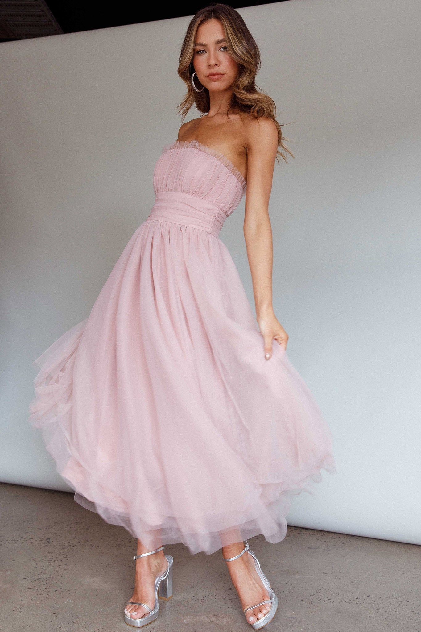 Fayette Strapless Mesh Midi Dress Blush-Maymioy
