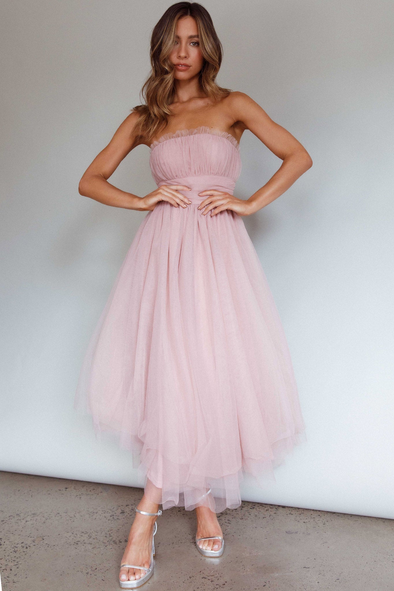 Fayette Strapless Mesh Midi Dress Blush-Maymioy