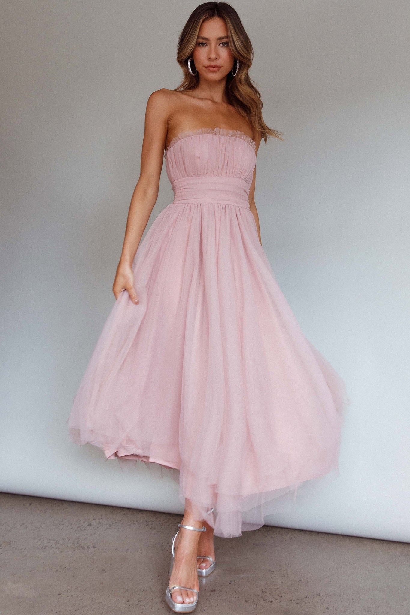 Fayette Strapless Mesh Midi Dress Blush-Maymioy