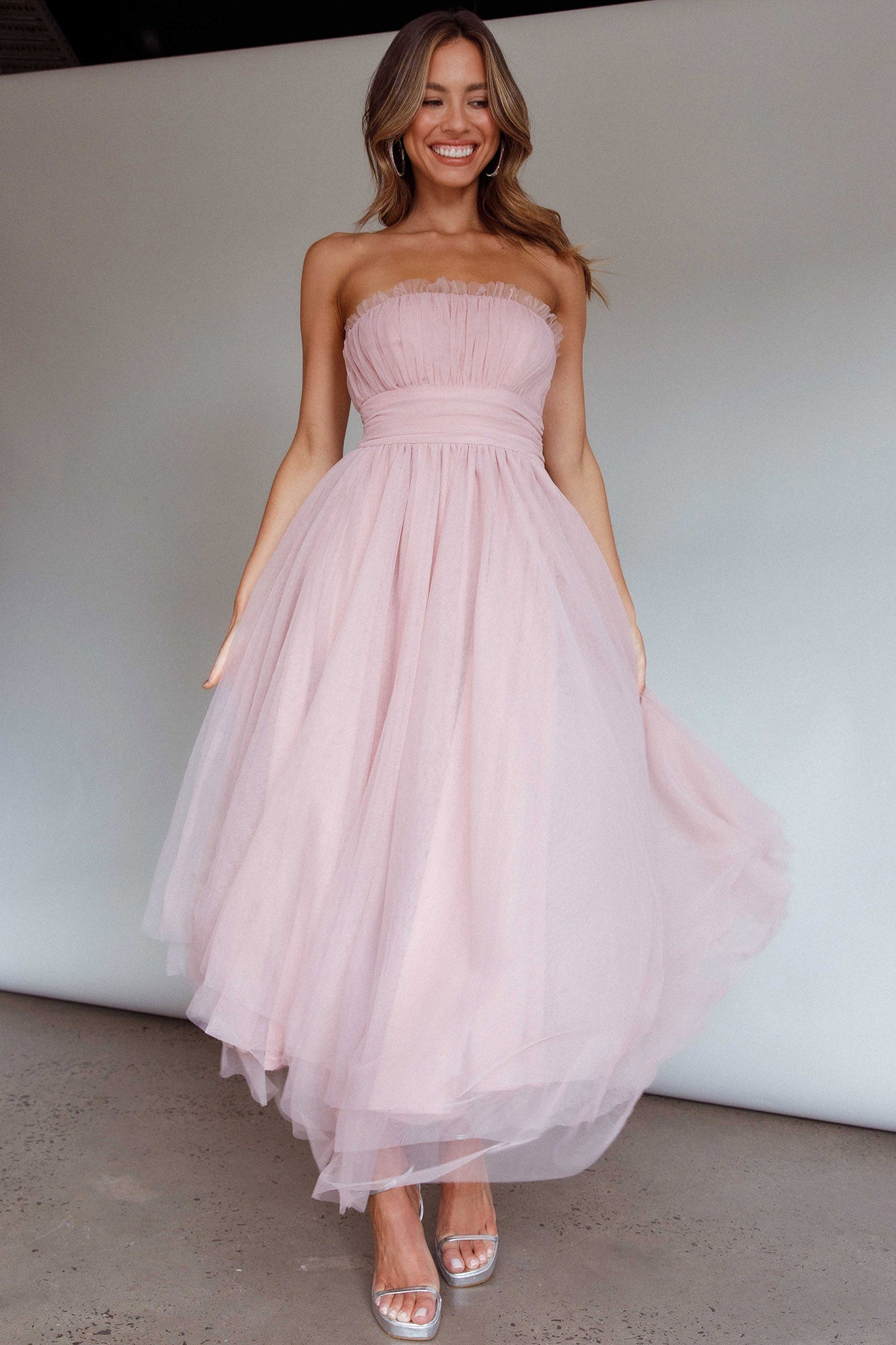 Fayette Strapless Mesh Midi Dress Blush-Maymioy