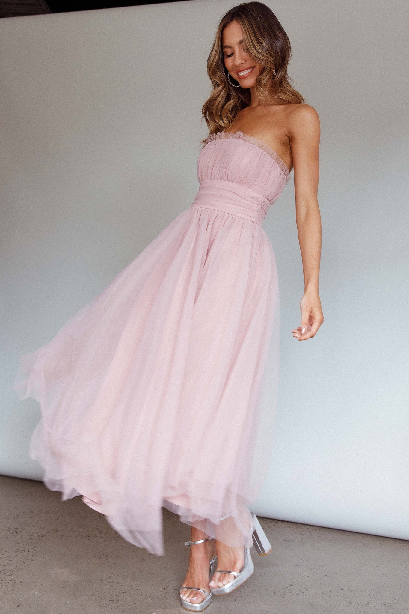 Fayette Strapless Mesh Midi Dress Blush-Maymioy