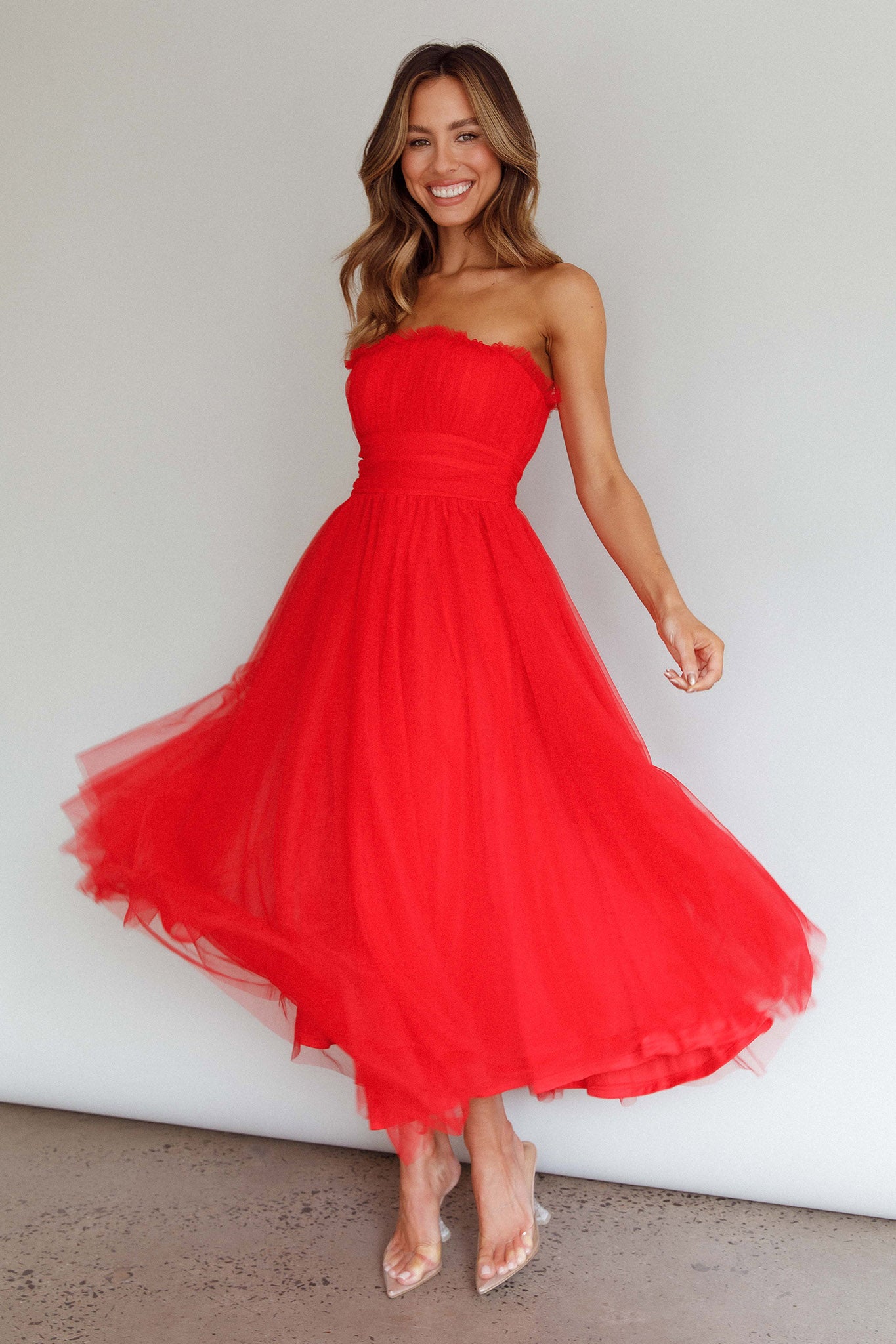 Fayette Strapless Mesh Midi Dress Red-Maymioy