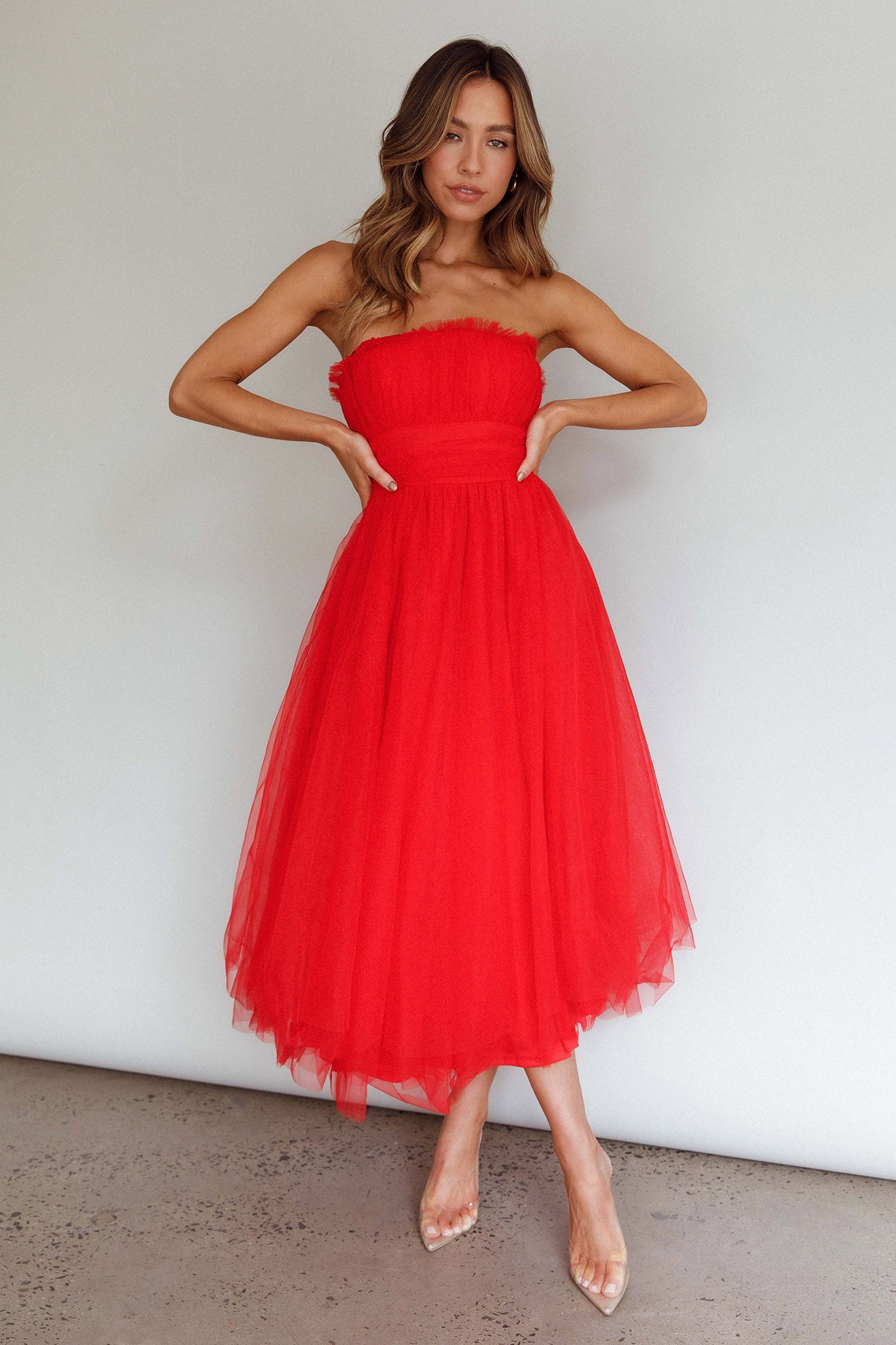 Fayette Strapless Mesh Midi Dress Red-Maymioy