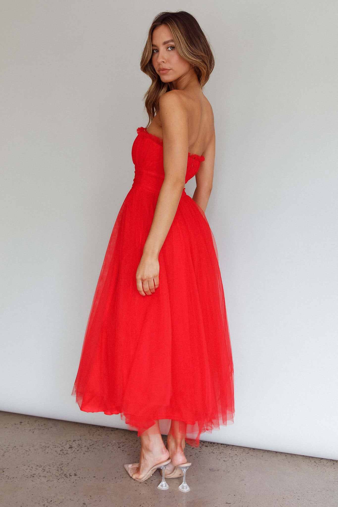 Fayette Strapless Mesh Midi Dress Red-Maymioy