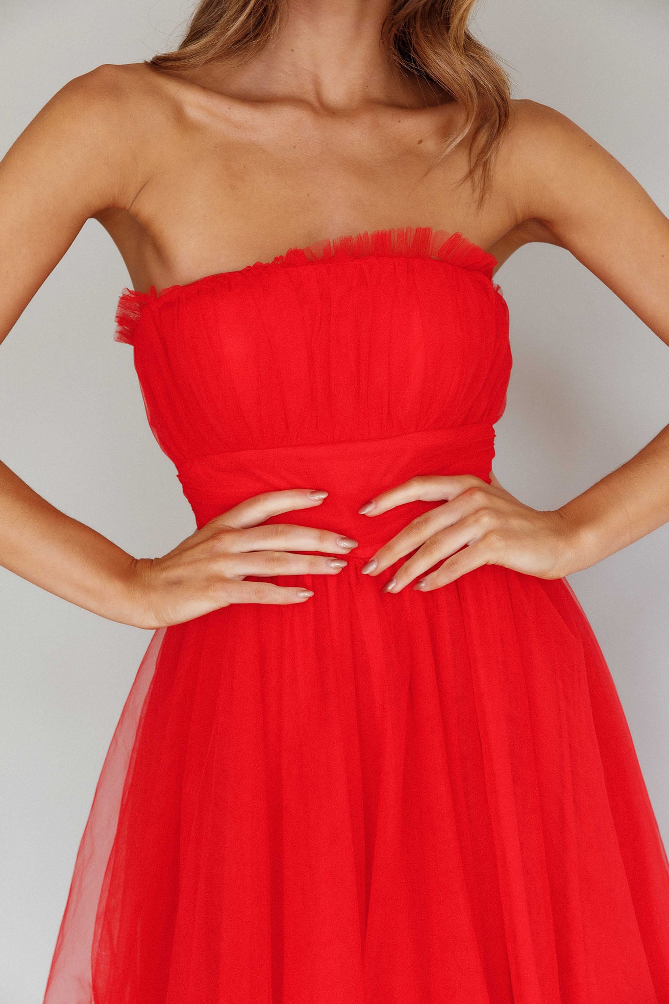 Fayette Strapless Mesh Midi Dress Red-Maymioy