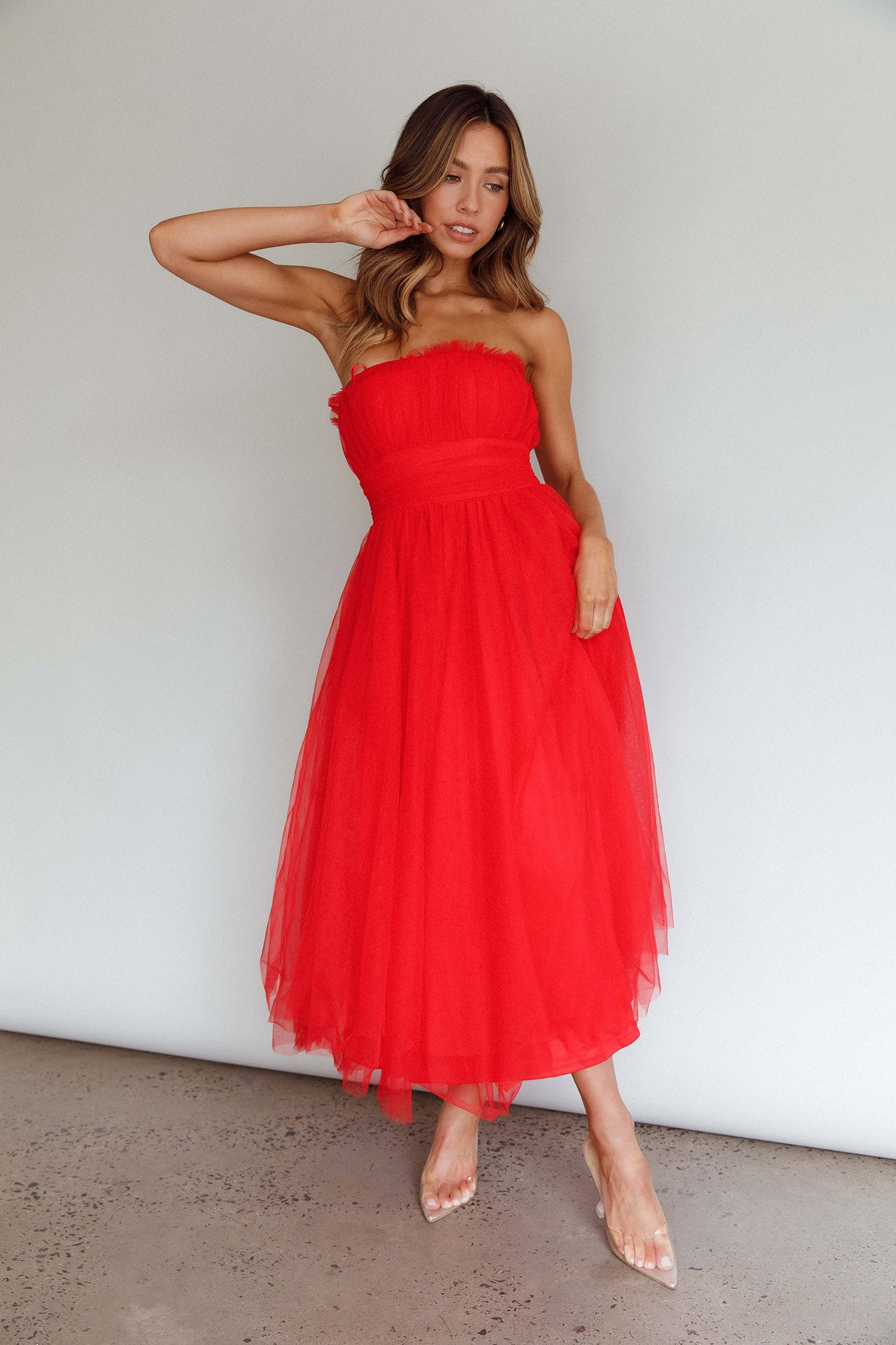 Fayette Strapless Mesh Midi Dress Red-Maymioy