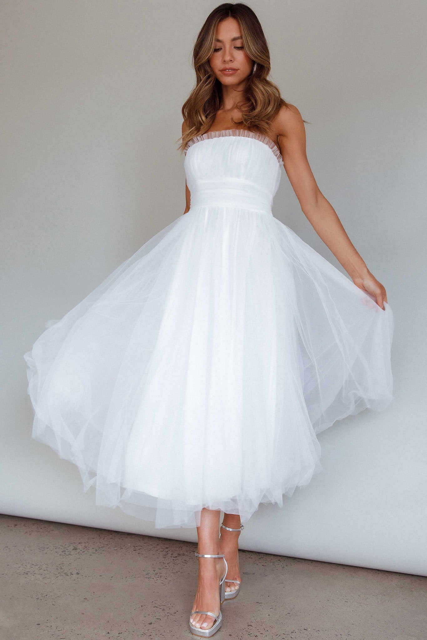 Fayette Strapless Mesh Midi Dress White-Maymioy
