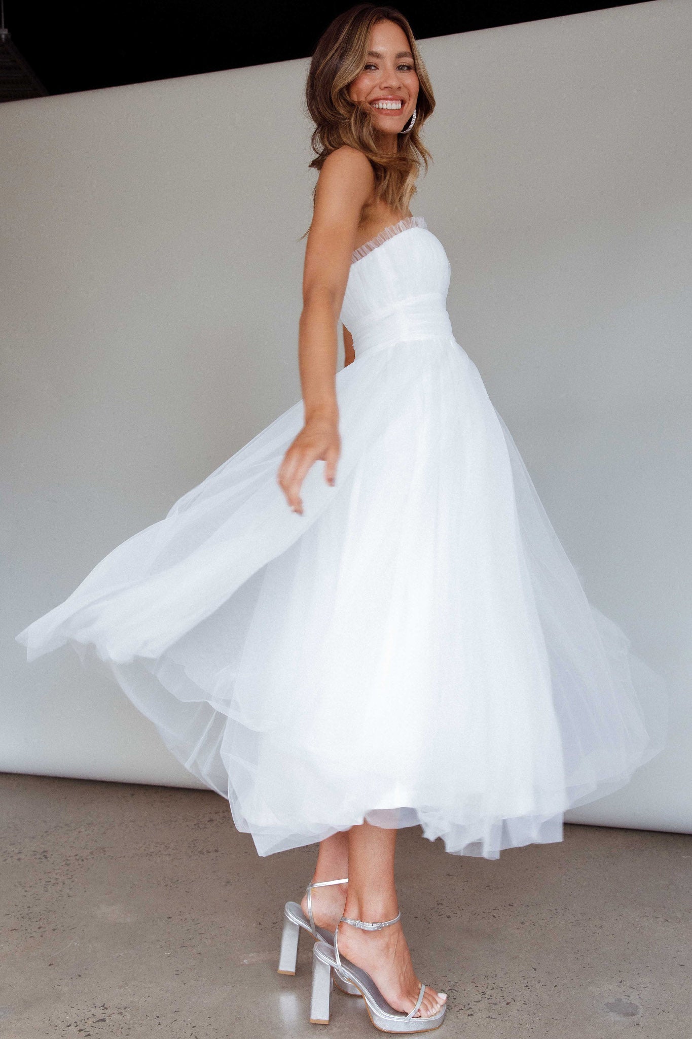 Fayette Strapless Mesh Midi Dress White-Maymioy