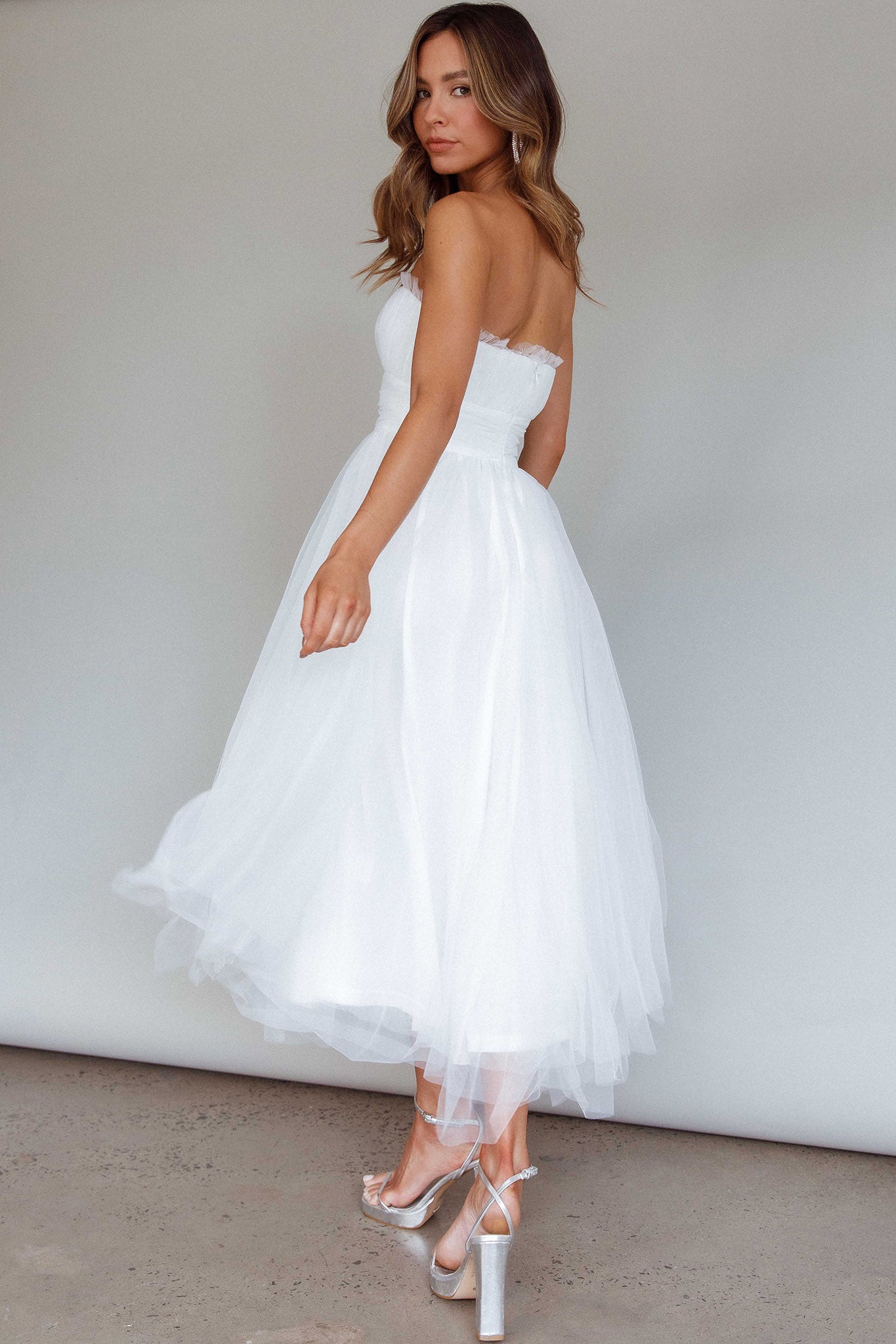 Fayette Strapless Mesh Midi Dress White-Maymioy