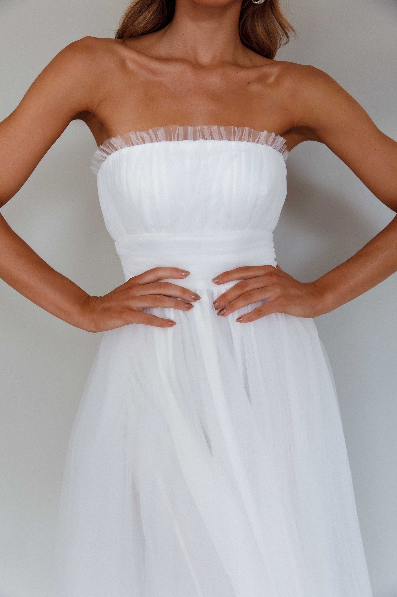 Fayette Strapless Mesh Midi Dress White-Maymioy