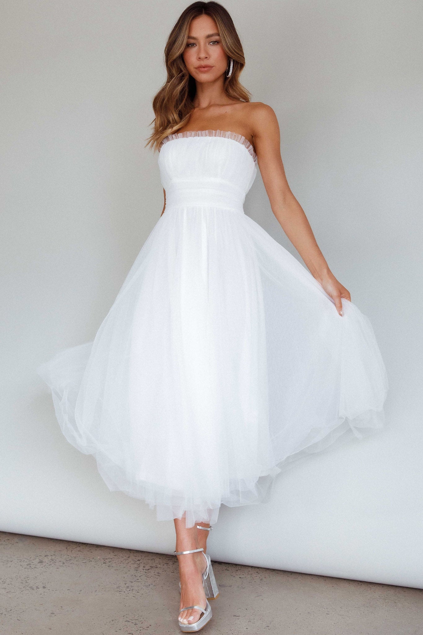 Fayette Strapless Mesh Midi Dress White-Maymioy