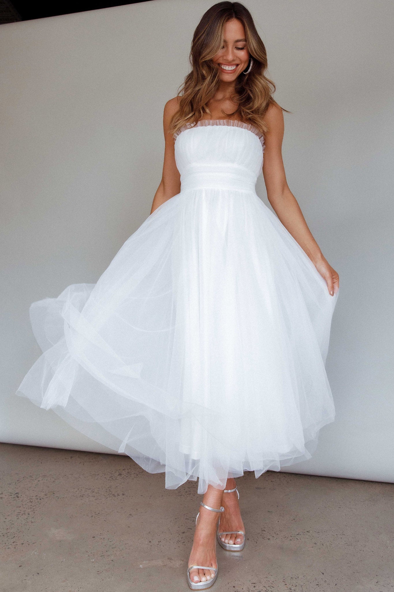 Fayette Strapless Mesh Midi Dress White-Maymioy