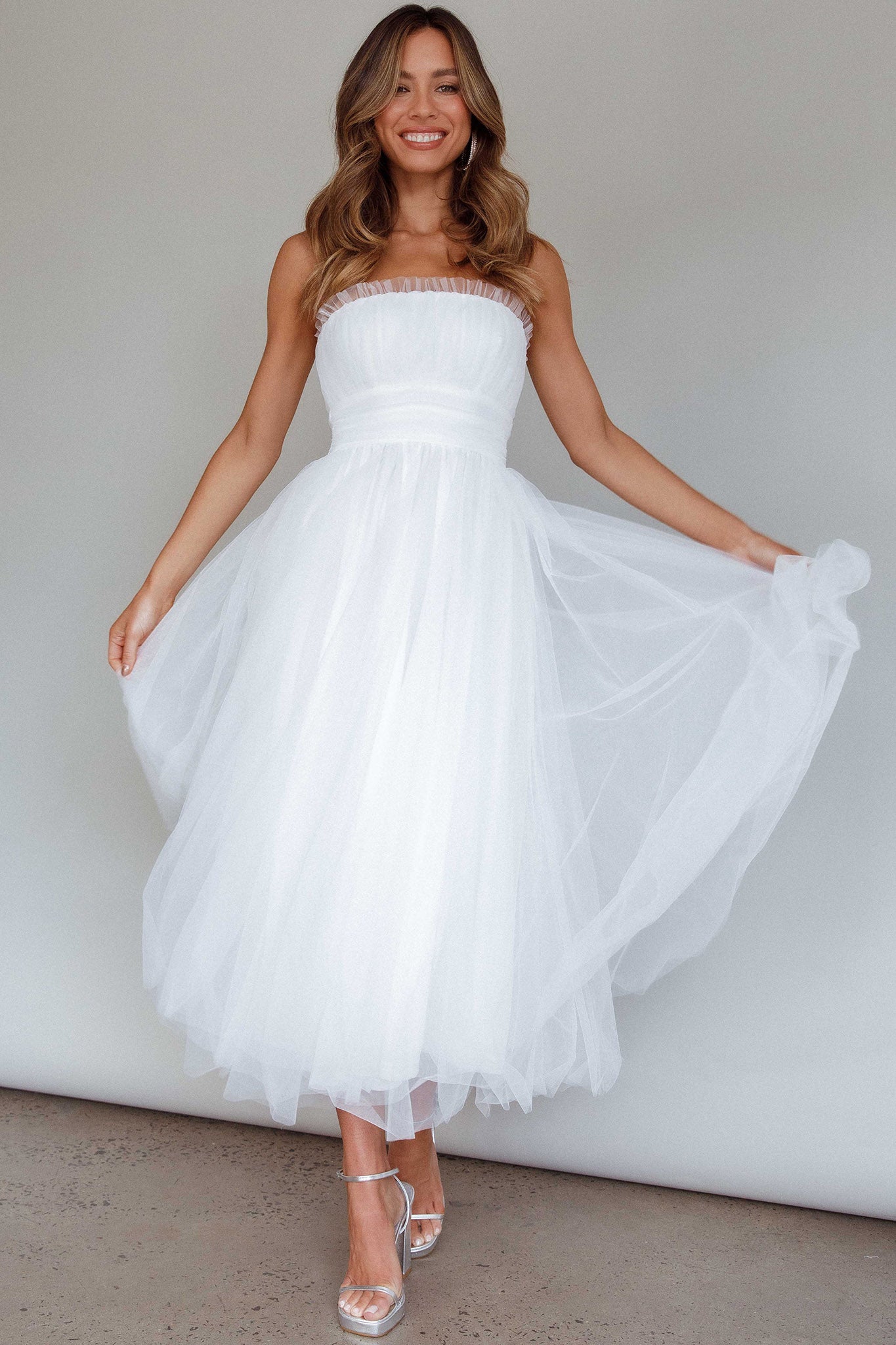 Fayette Strapless Mesh Midi Dress White-Maymioy