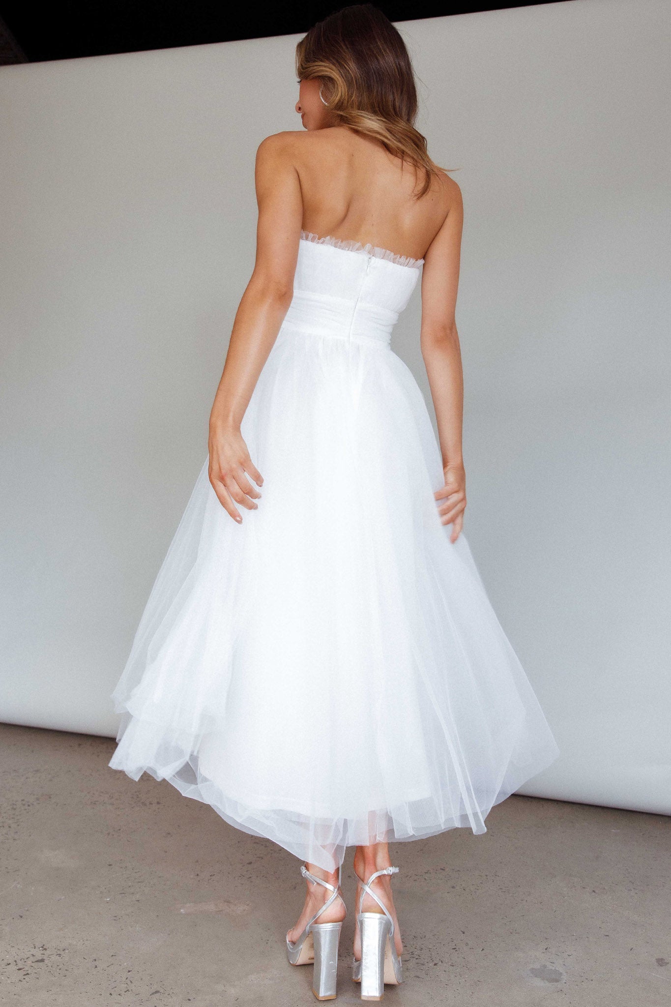 Fayette Strapless Mesh Midi Dress White-Maymioy