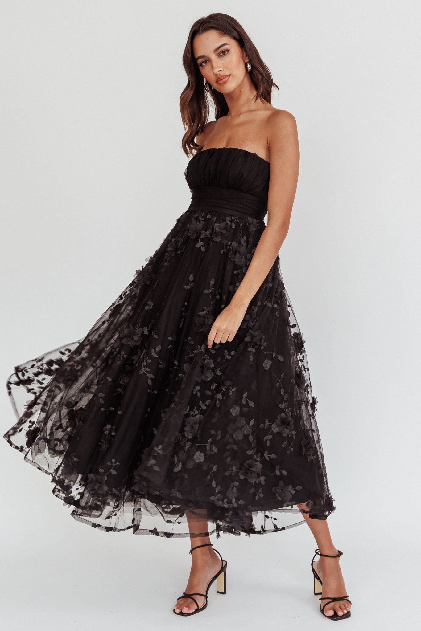 Fayette Strapless Mesh Midi Dress Embellished Black-Maymioy