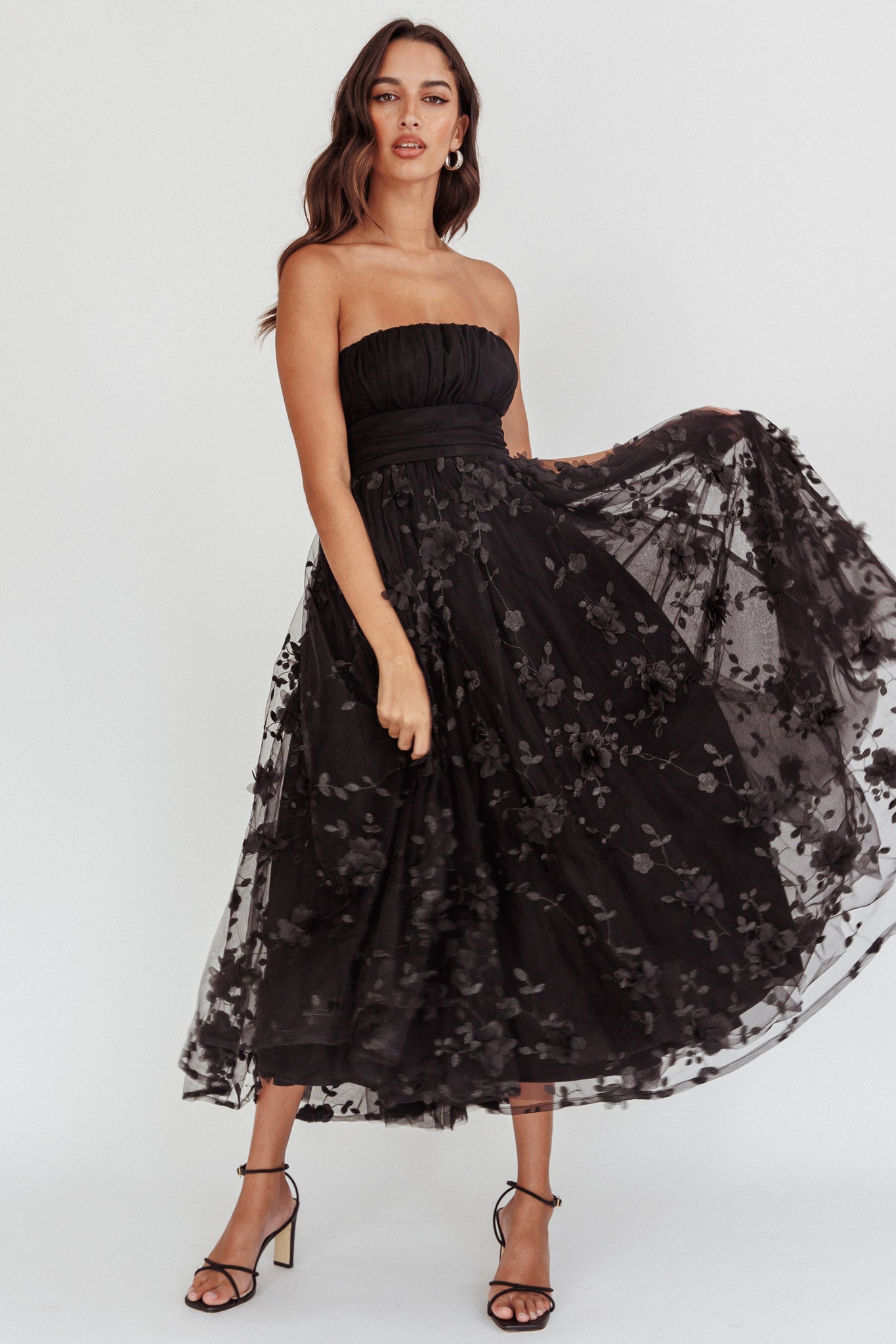 Fayette Strapless Mesh Midi Dress Embellished Black-Maymioy