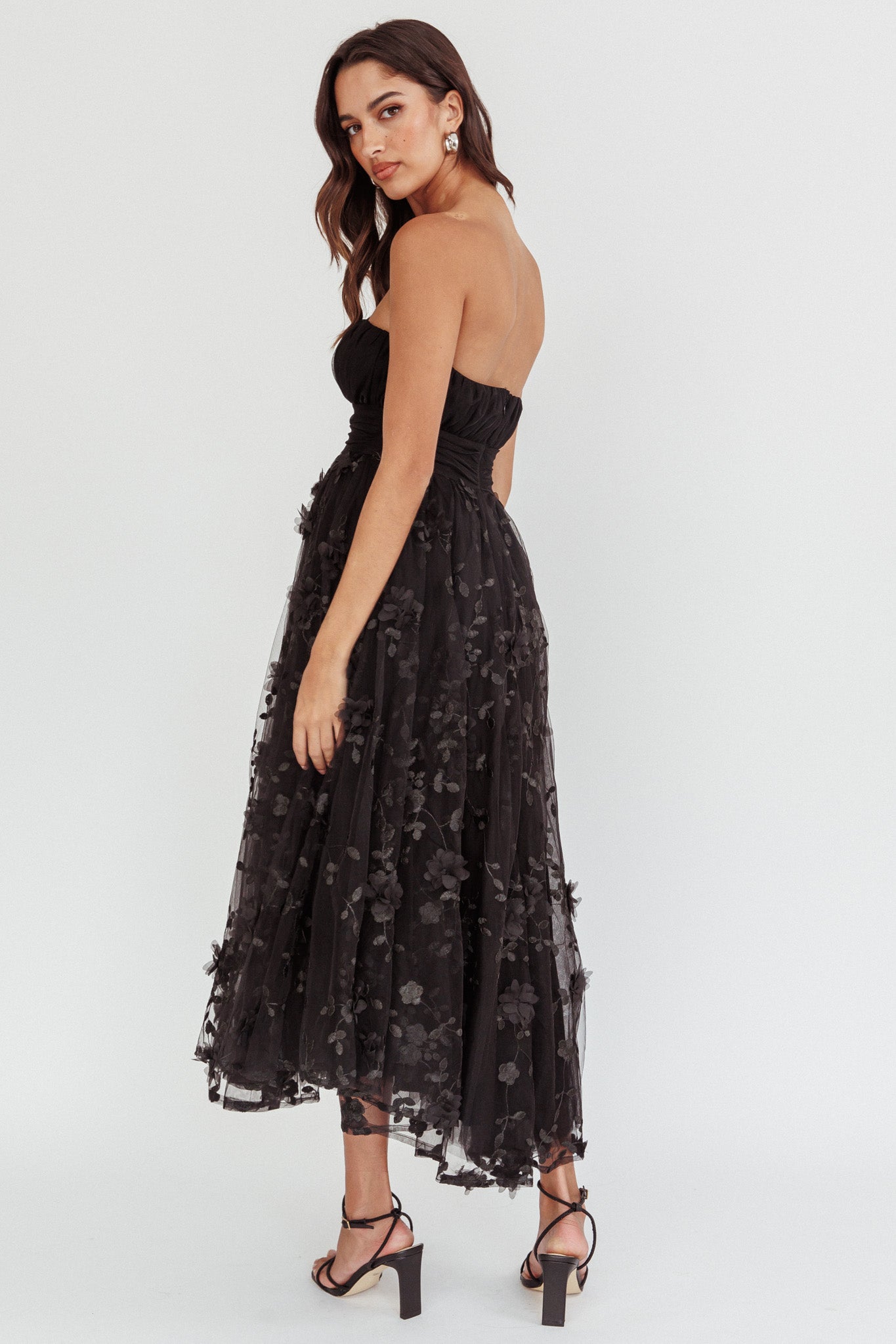 Fayette Strapless Mesh Midi Dress Embellished Black-Maymioy