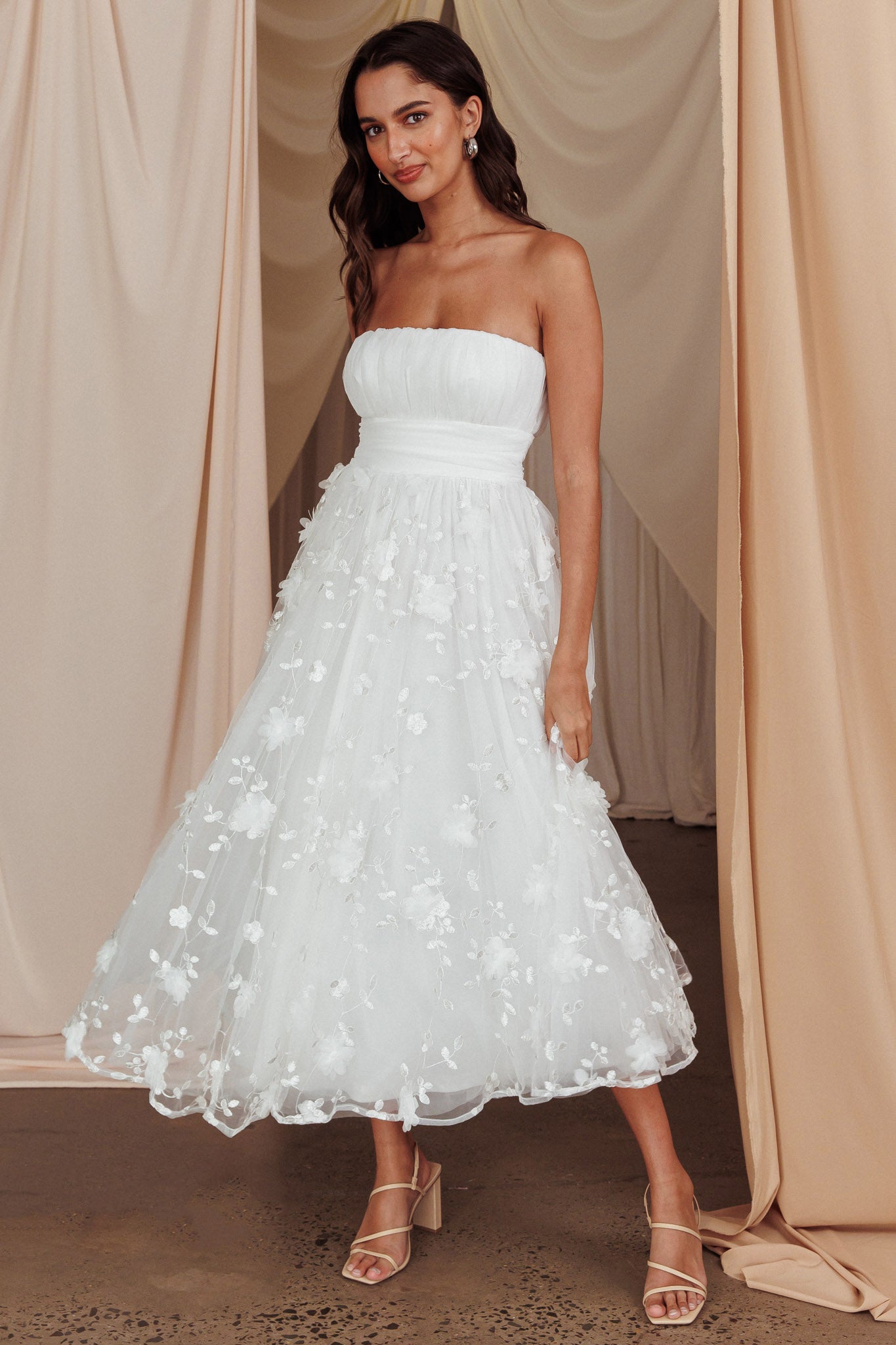 Fayette Strapless Mesh Midi Dress Embellished White-Maymioy