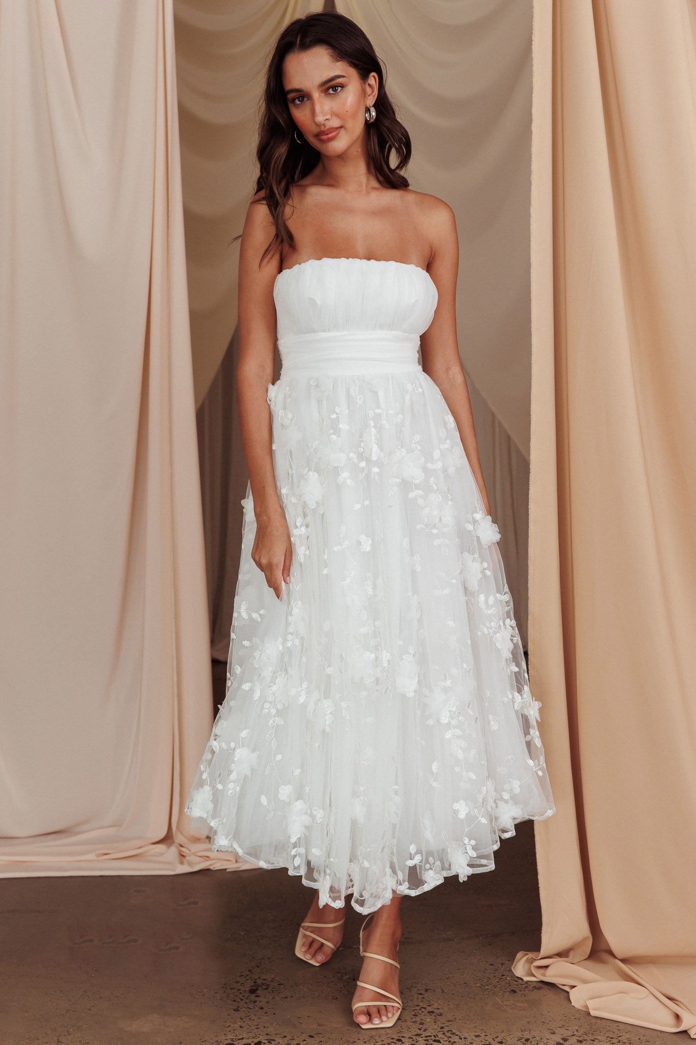 Fayette Strapless Mesh Midi Dress Embellished White-Maymioy