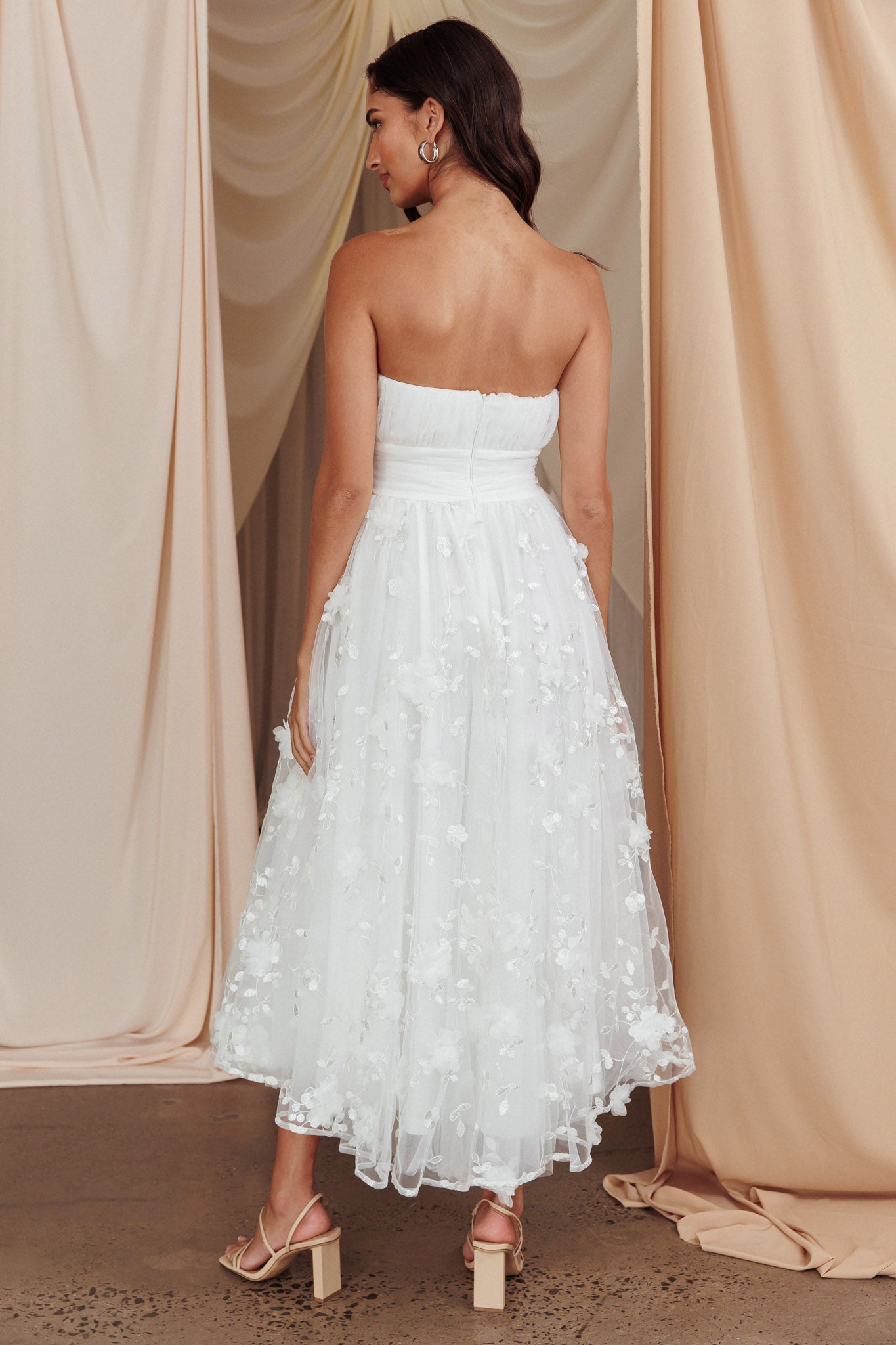 Fayette Strapless Mesh Midi Dress Embellished White-Maymioy