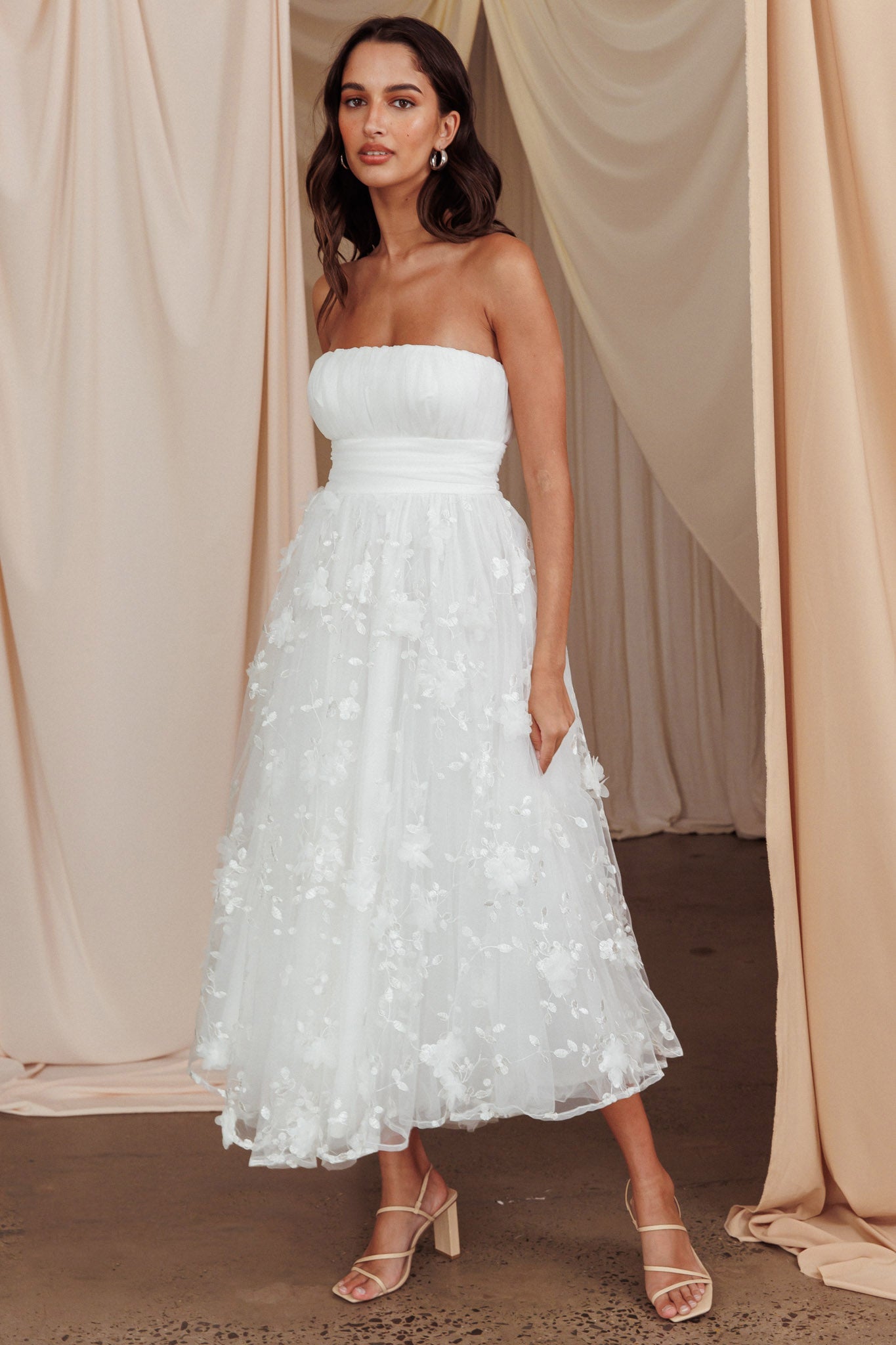 Fayette Strapless Mesh Midi Dress Embellished White-Maymioy