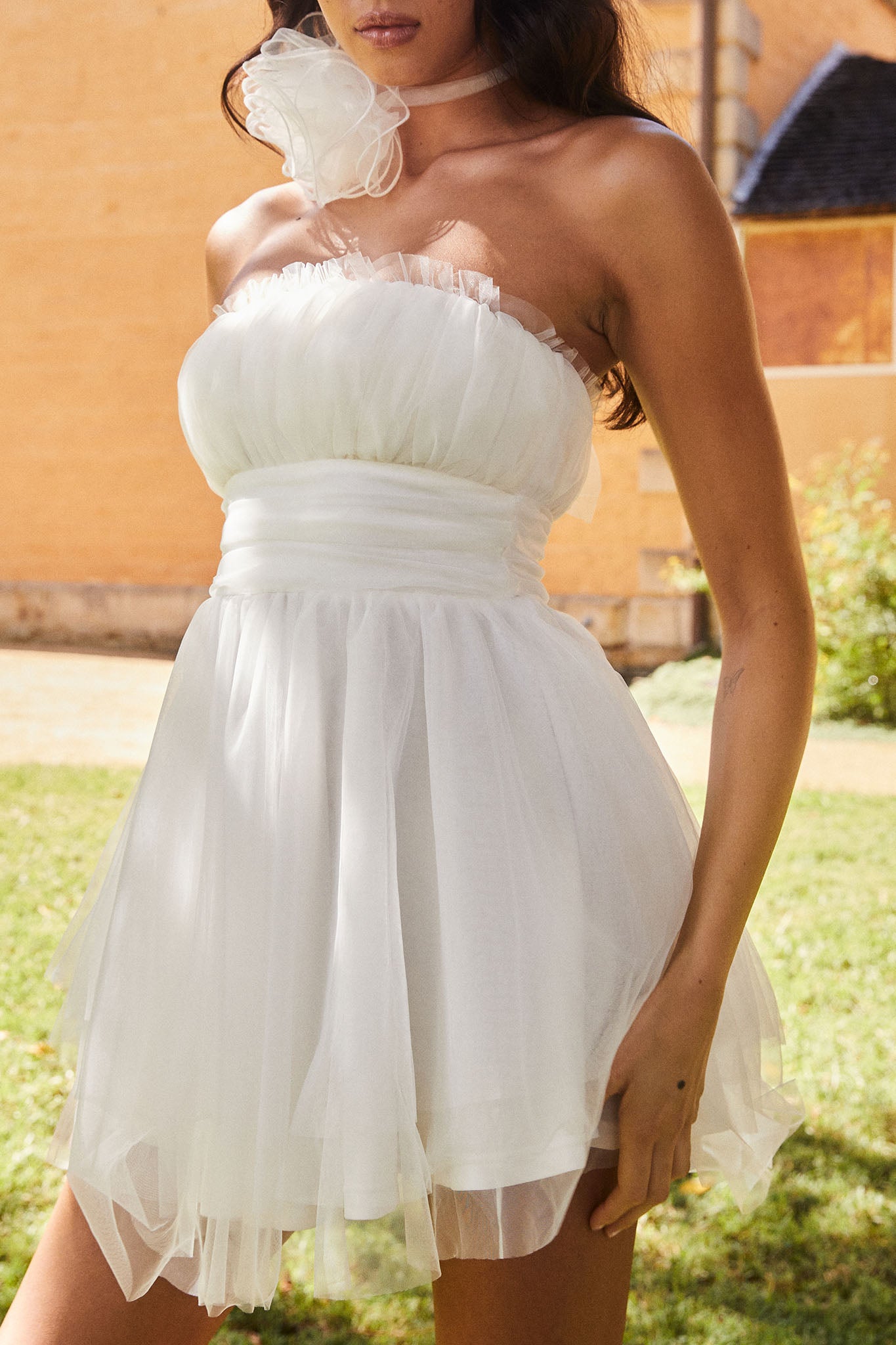 Fayette Strapless Mesh Mini Dress White-Maymioy