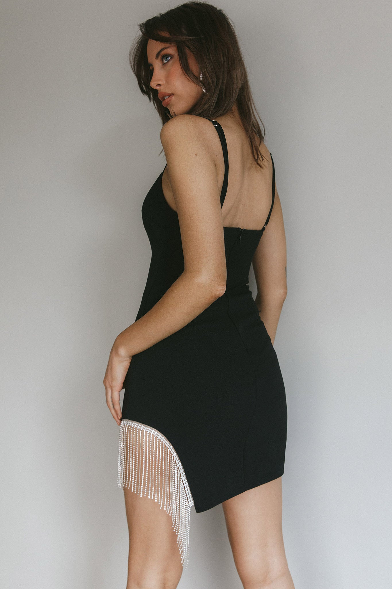 Call On Me Diamante Fringe Mini Dress Black-Maymioy
