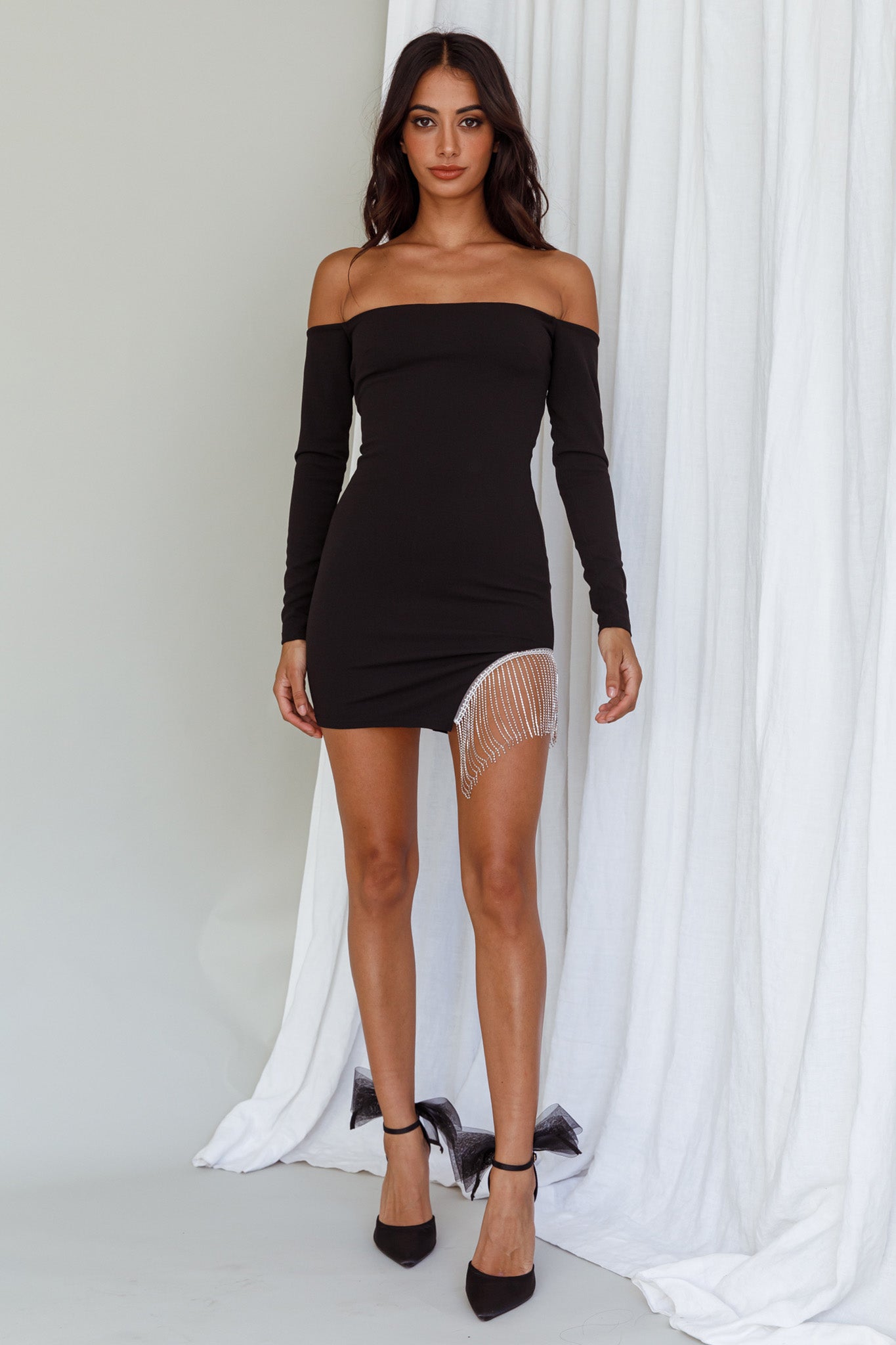 Call On Me Diamante Off-Shoulder Mini Dress Black-Maymioy