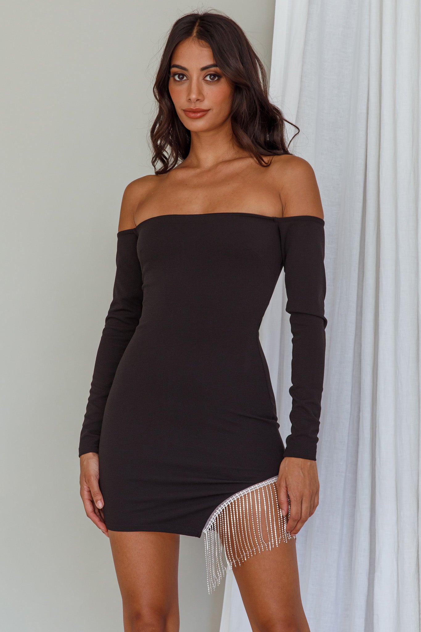 Call On Me Diamante Off-Shoulder Mini Dress Black-Maymioy