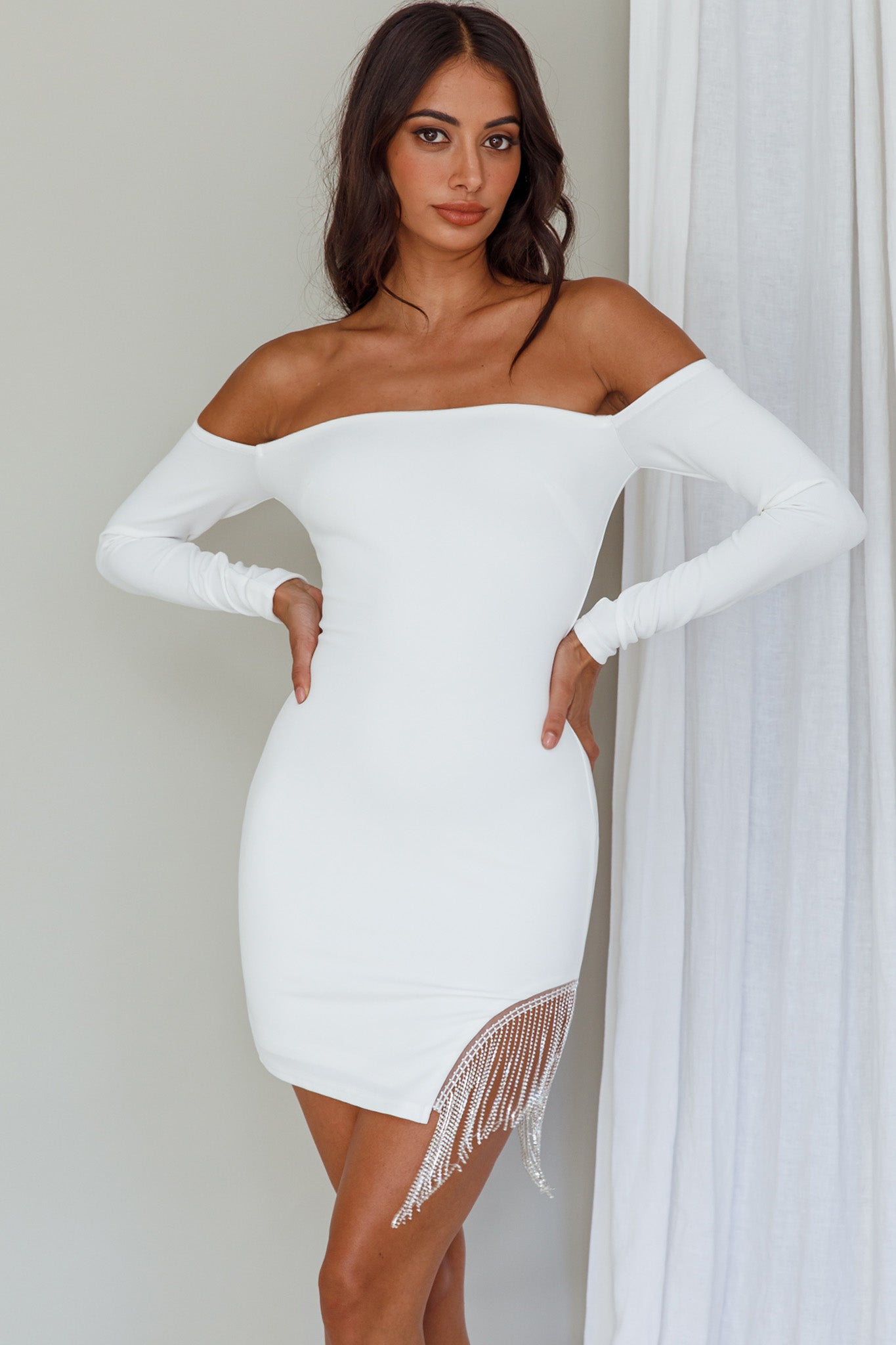 Call On Me Diamante Off-Shoulder Mini Dress White-Maymioy