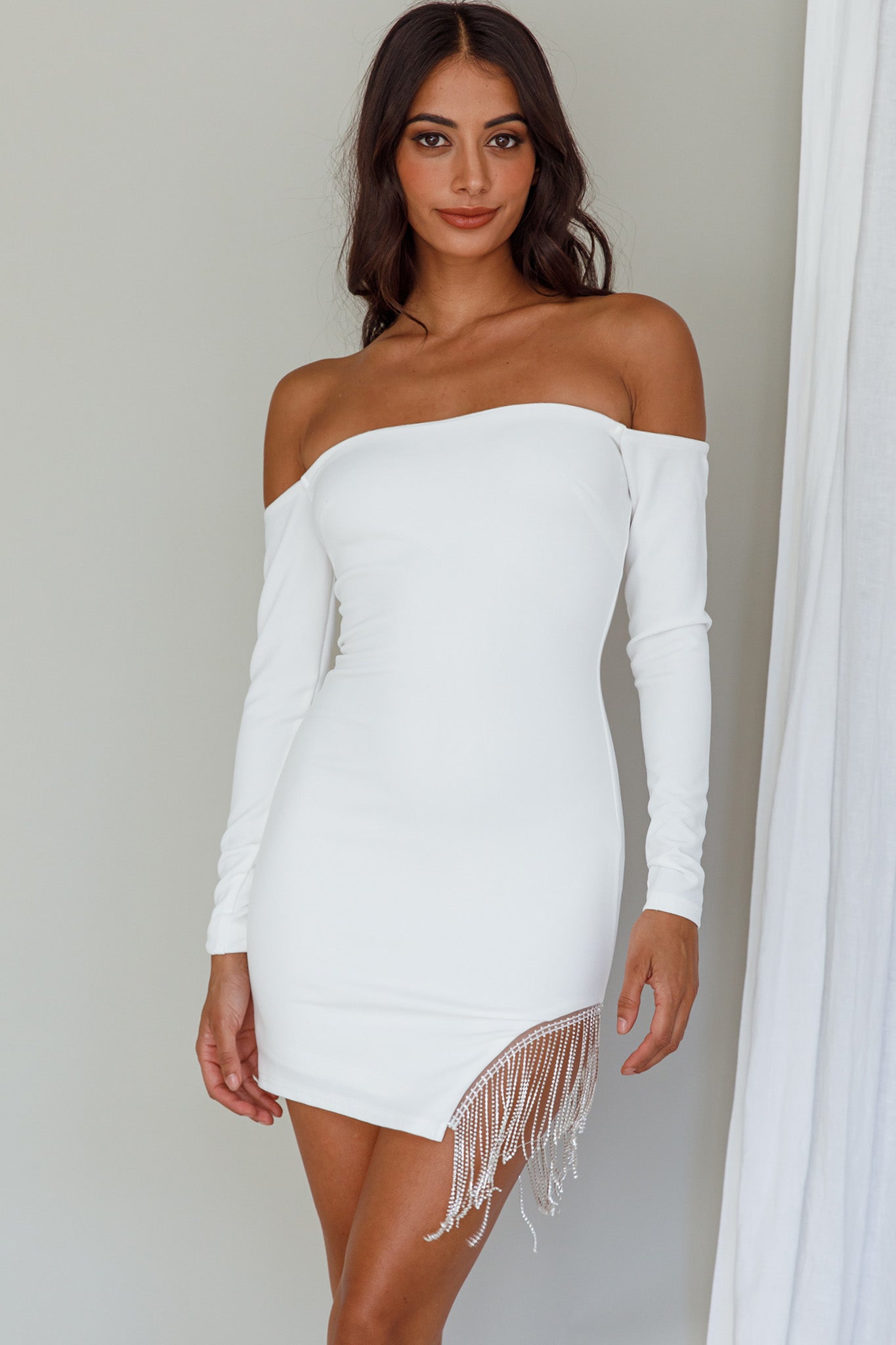 Call On Me Diamante Off-Shoulder Mini Dress White-Maymioy