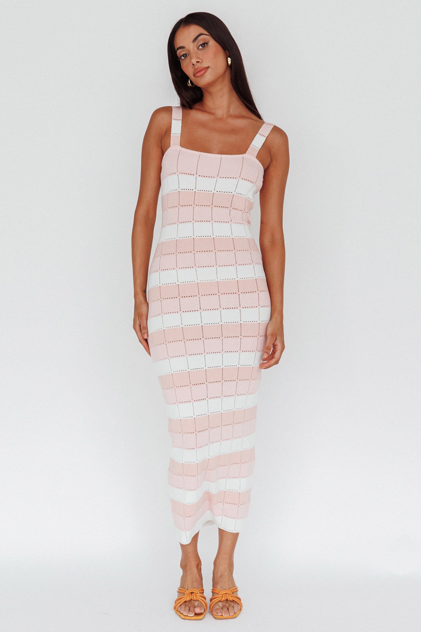 Chase The Sunrise Knit Midi Dress Striped Pink-Maymioy