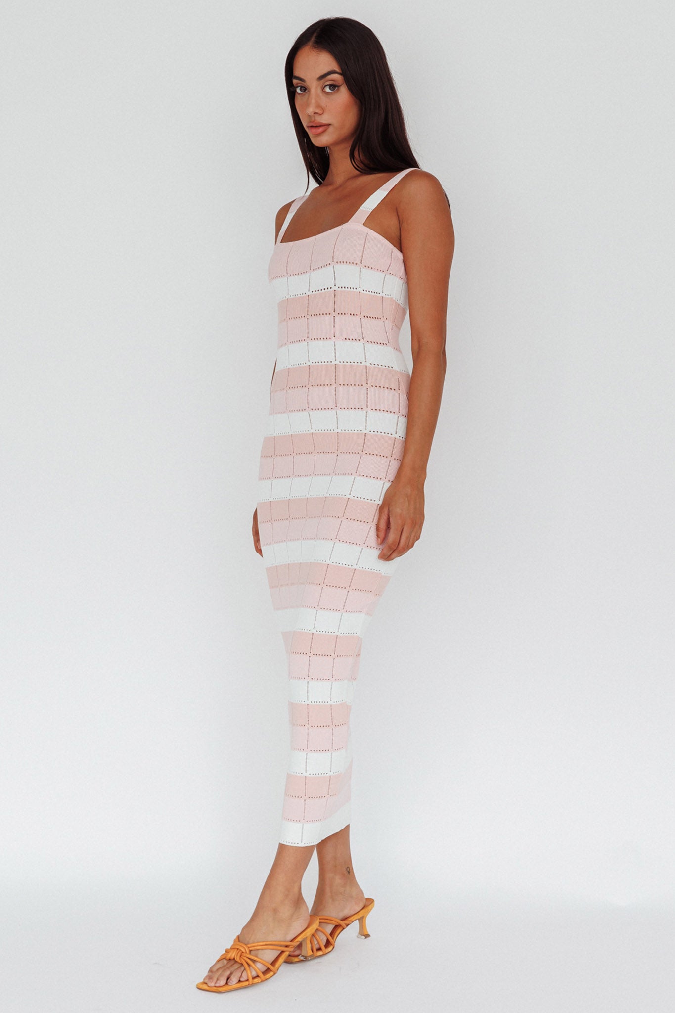 Chase The Sunrise Knit Midi Dress Striped Pink-Maymioy
