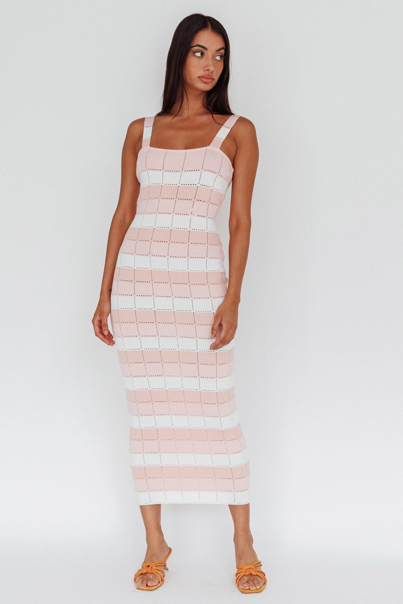 Chase The Sunrise Knit Midi Dress Striped Pink-Maymioy