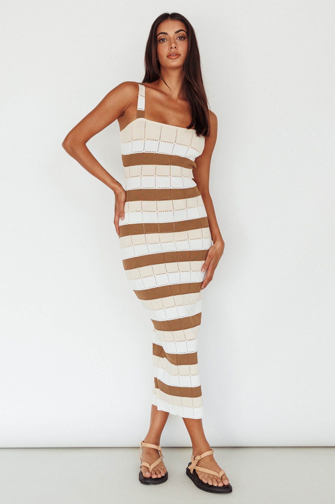 Chase The Sunrise Knit Midi Dress Striped Chocolate/White-Maymioy