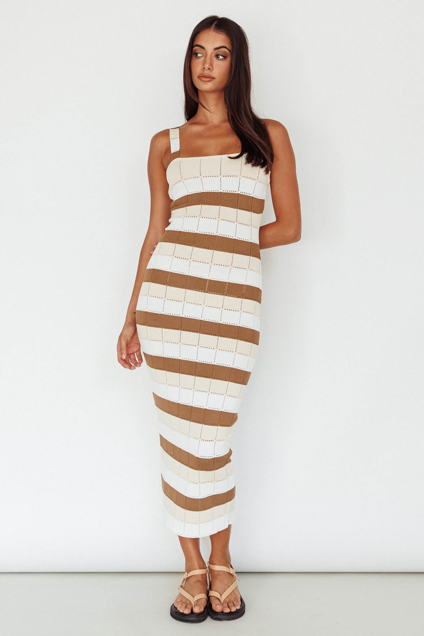 Chase The Sunrise Knit Midi Dress Striped Chocolate/White-Maymioy