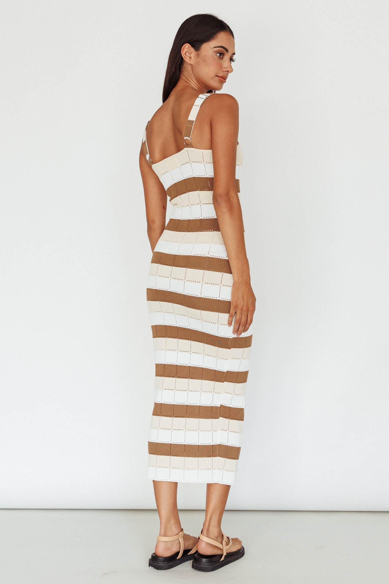 Chase The Sunrise Knit Midi Dress Striped Chocolate/White-Maymioy