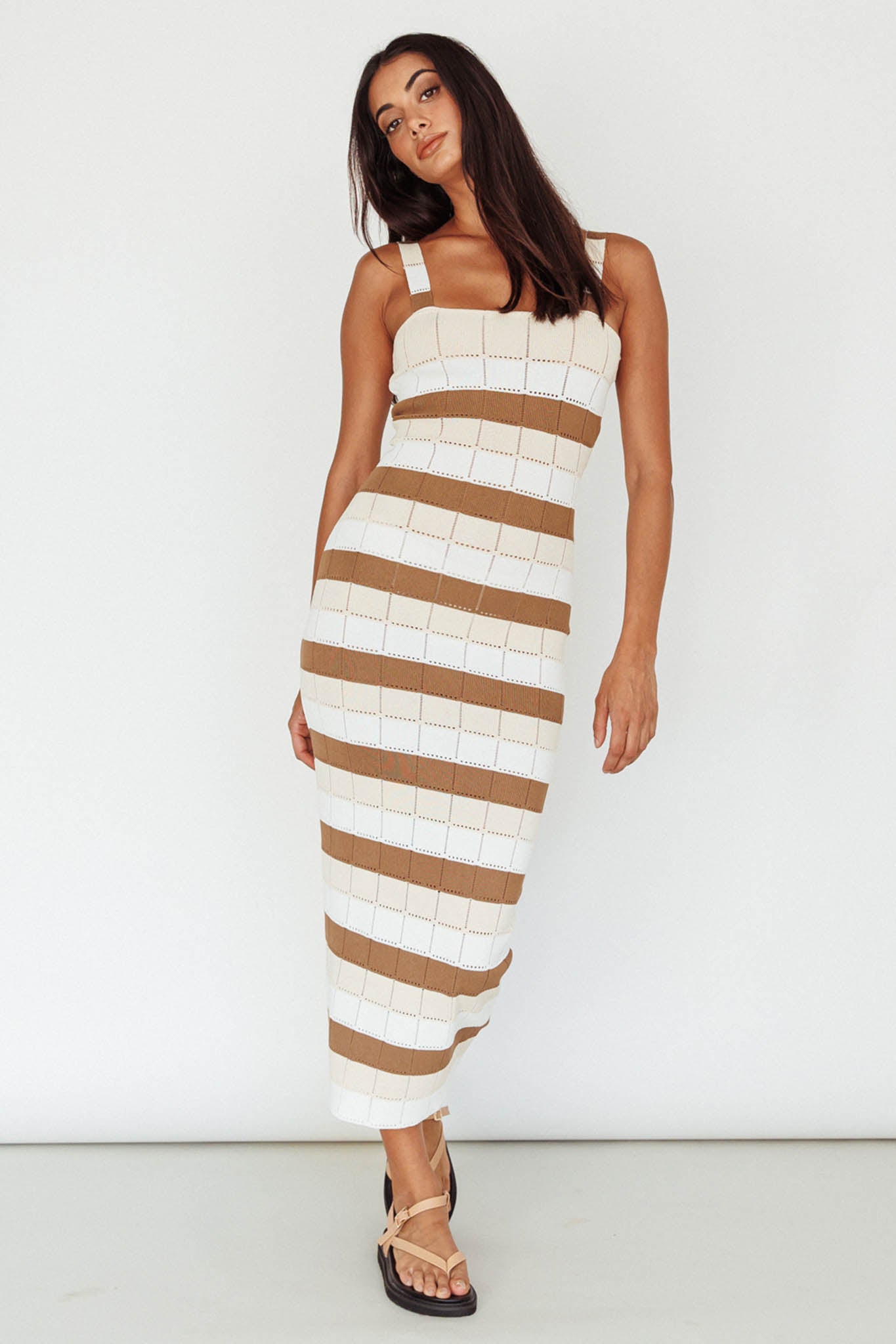 Chase The Sunrise Knit Midi Dress Striped Chocolate/White-Maymioy