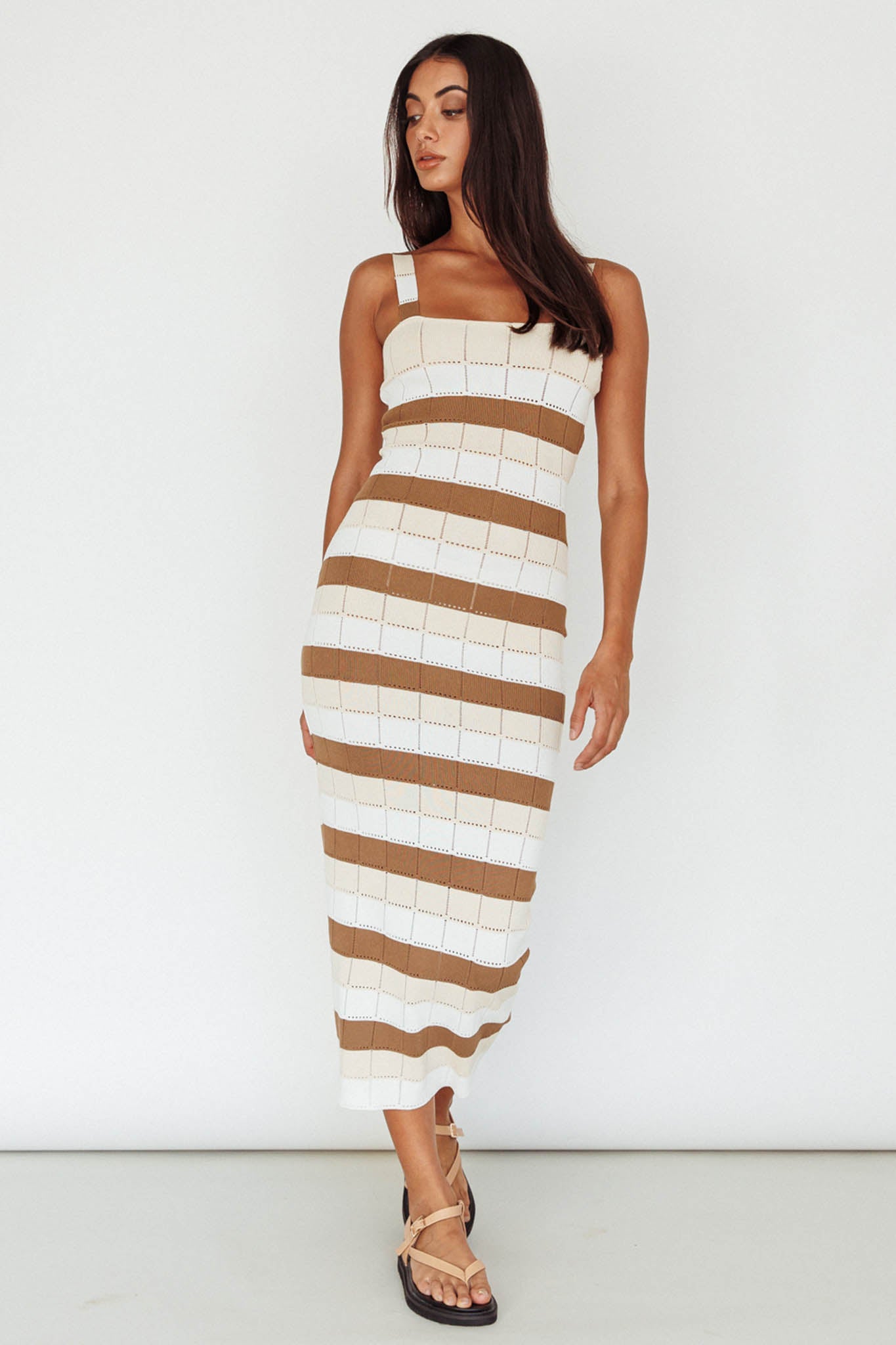 Chase The Sunrise Knit Midi Dress Striped Chocolate/White-Maymioy