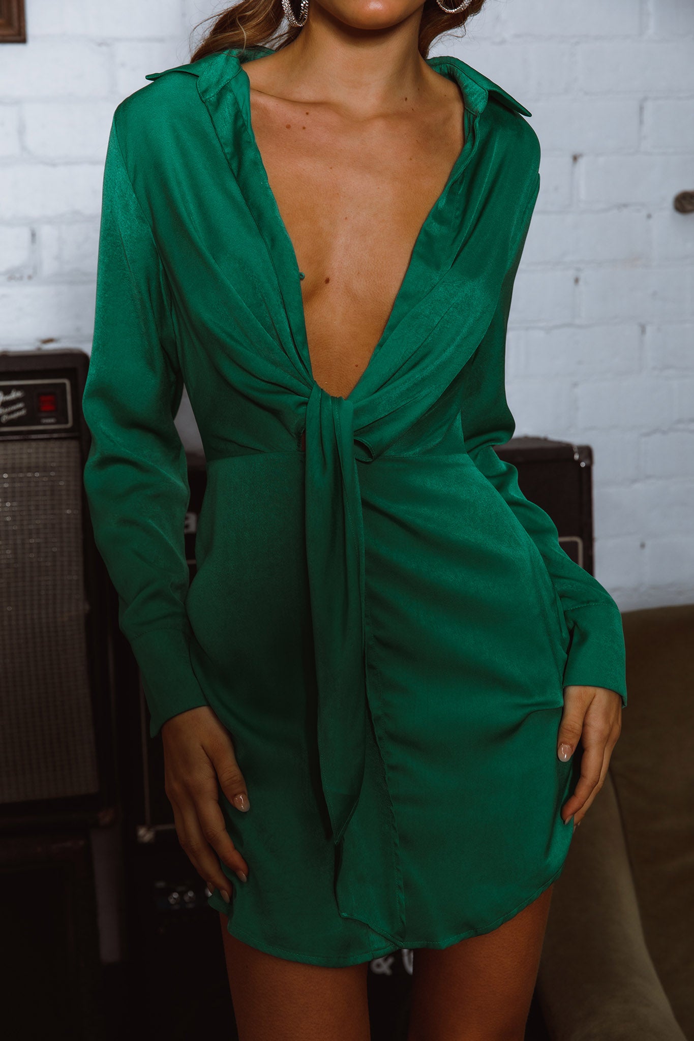 Marinah Tie Bust Shirt Dress Green-Maymioy