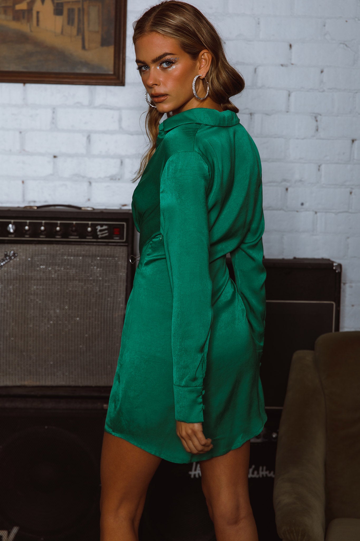 Marinah Tie Bust Shirt Dress Green-Maymioy