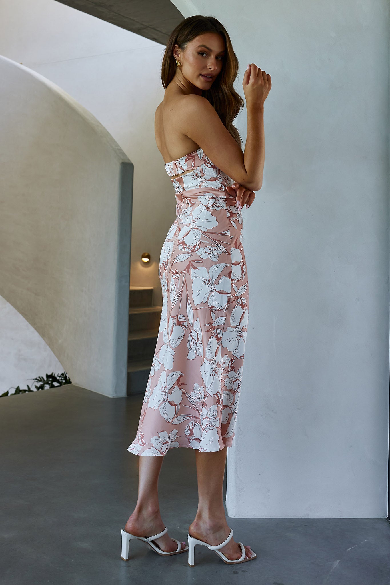 Ladies' Night Cowl Back Midi Dress Floral Peach-Maymioy