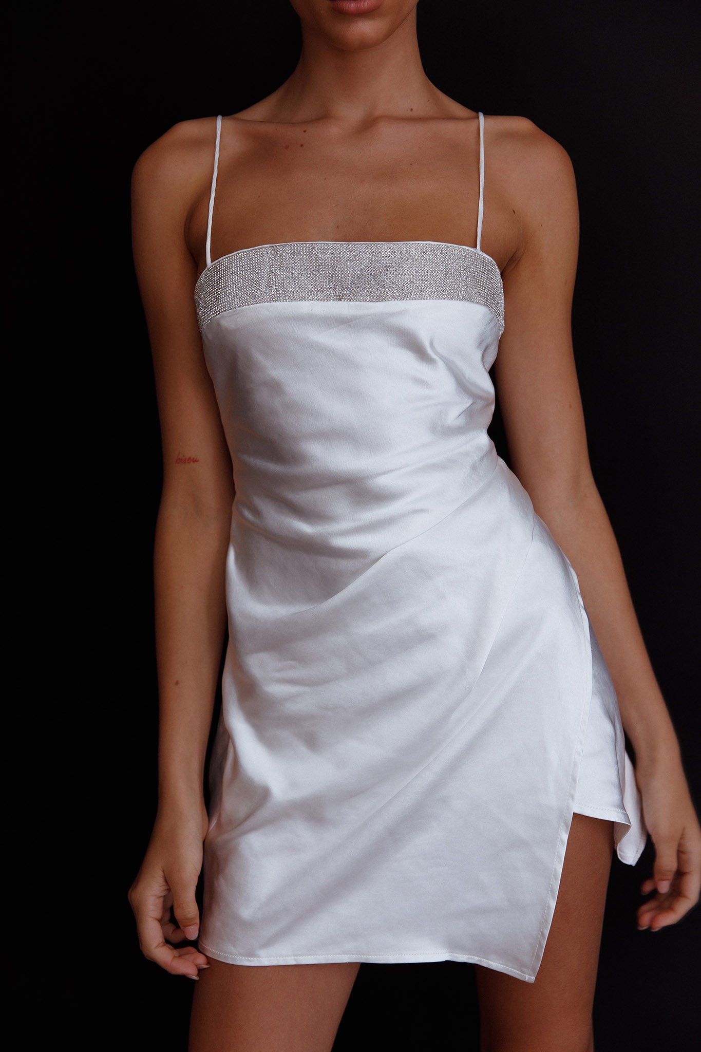 Making Headlines Diamante Neckline Mini Dress White-Maymioy