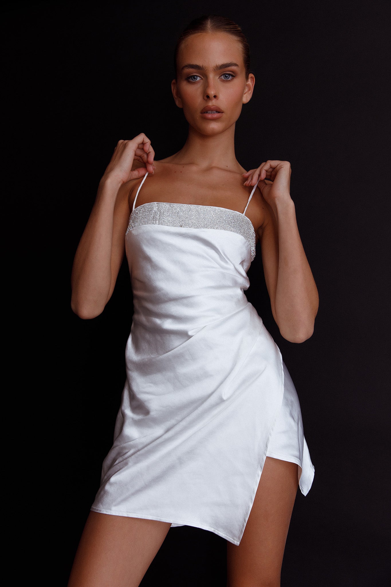 Making Headlines Diamante Neckline Mini Dress White-Maymioy