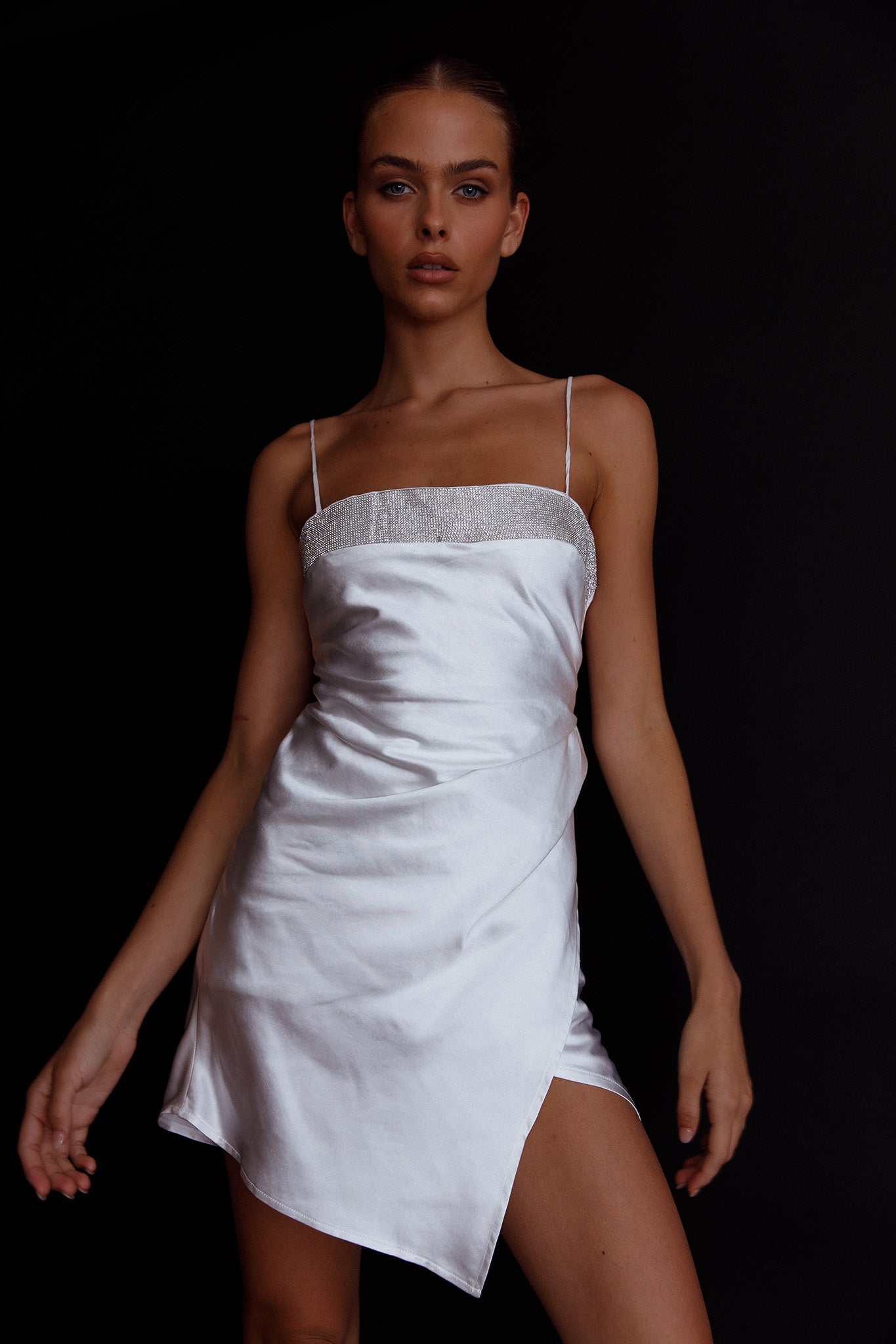Making Headlines Diamante Neckline Mini Dress White-Maymioy
