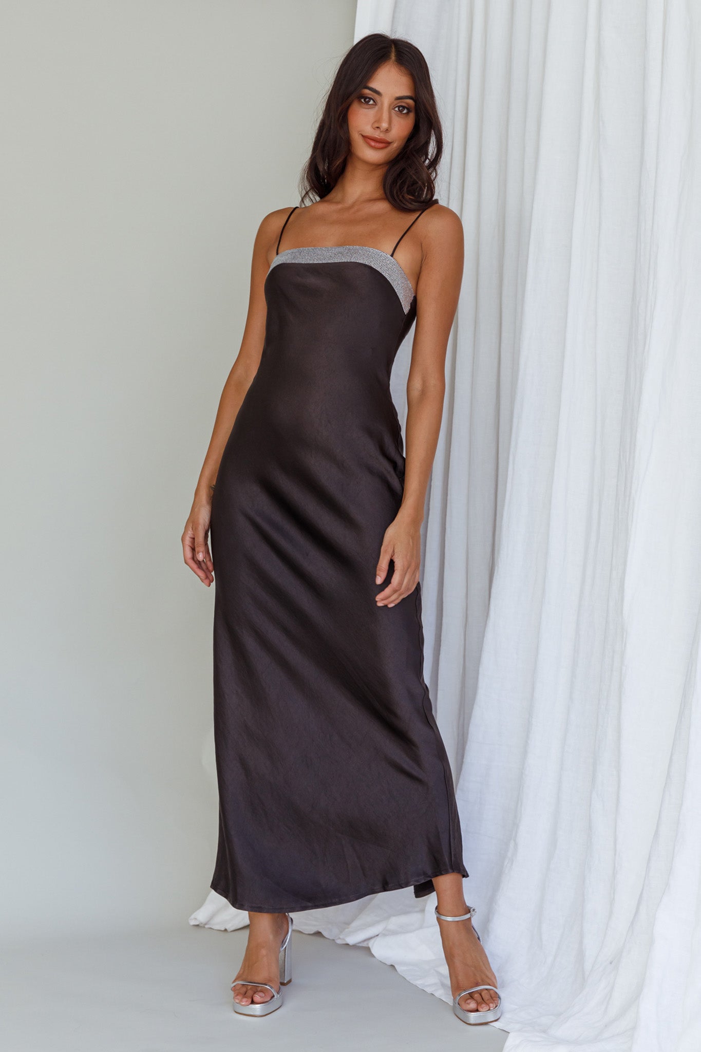 Making Headlines Diamante Neckline Maxi Dress Black-Maymioy