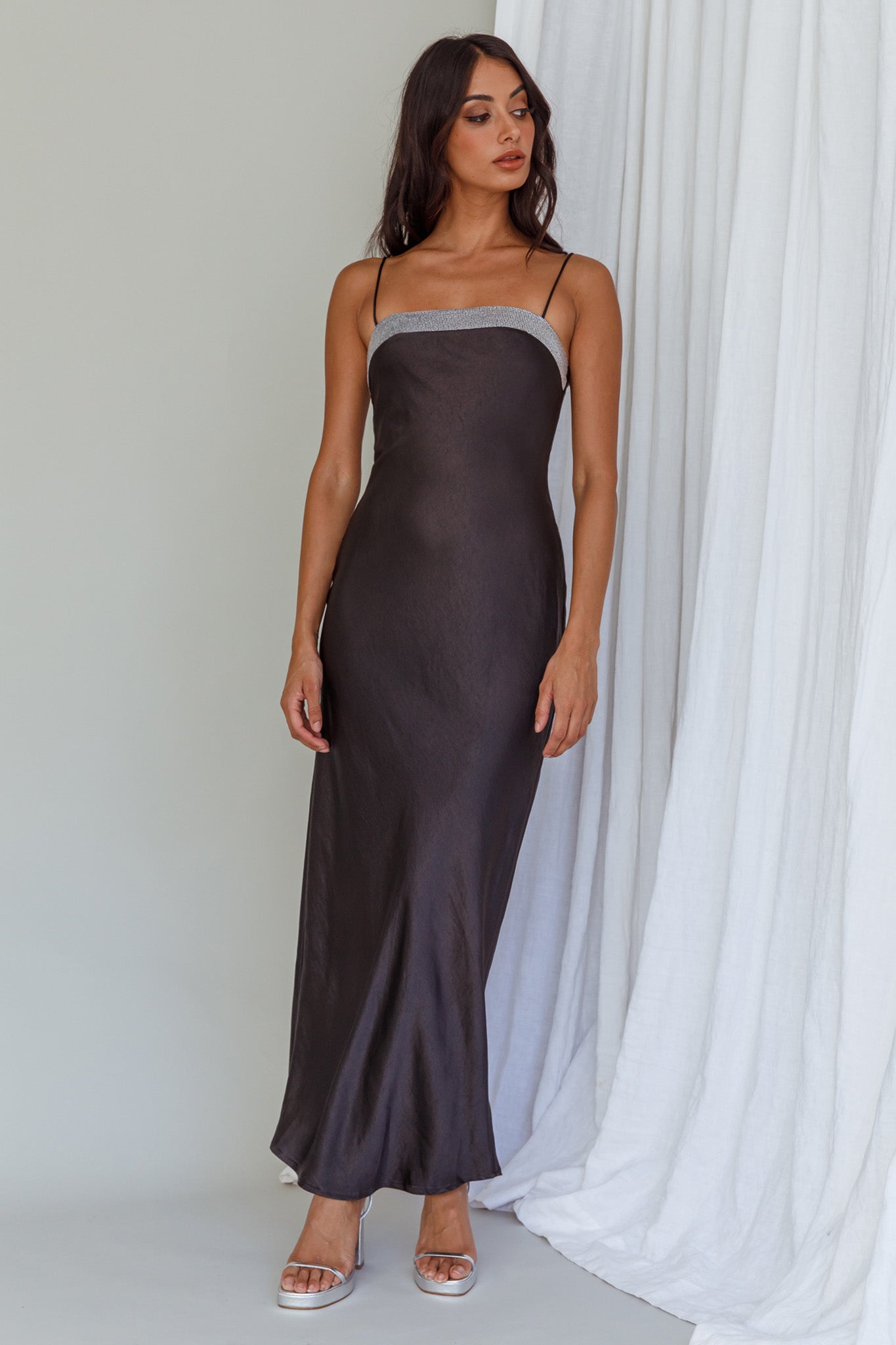 Making Headlines Diamante Neckline Maxi Dress Black-Maymioy