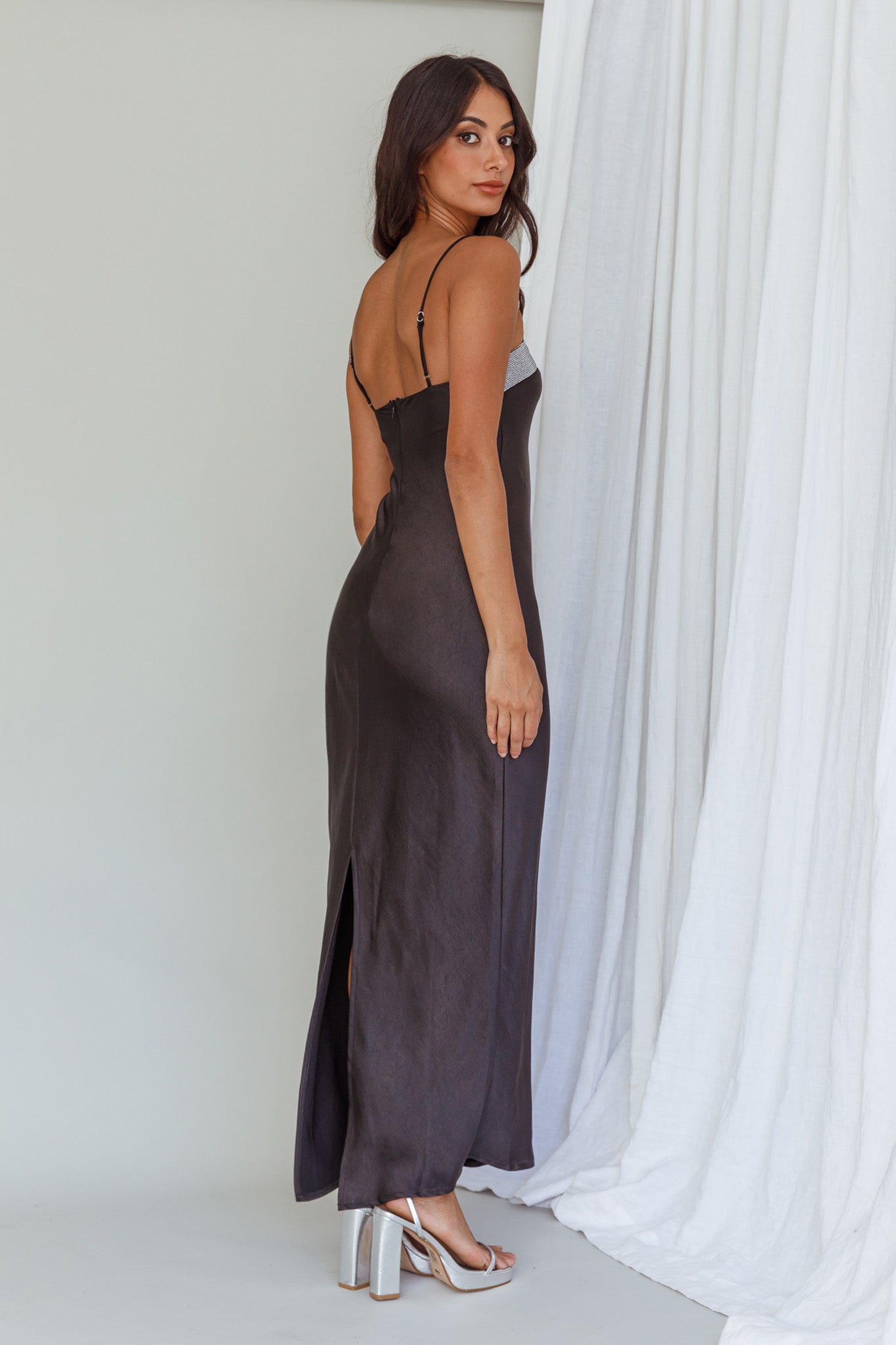 Making Headlines Diamante Neckline Maxi Dress Black-Maymioy