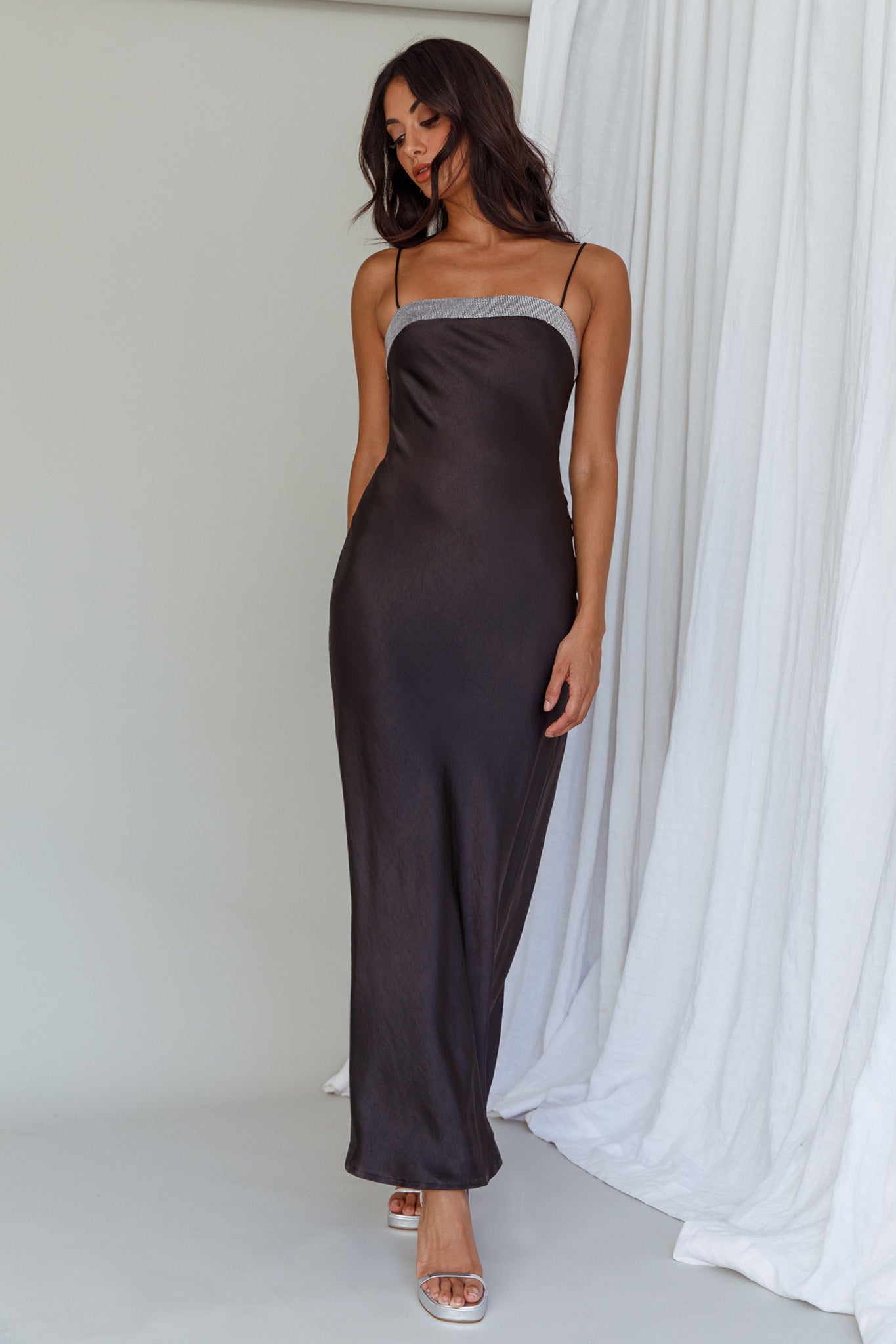 Making Headlines Diamante Neckline Maxi Dress Black-Maymioy