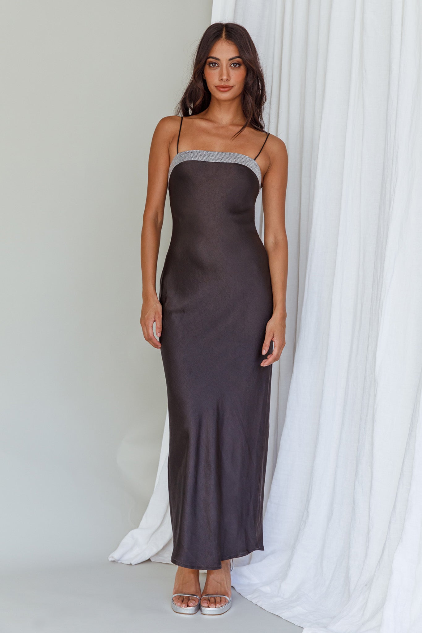 Making Headlines Diamante Neckline Maxi Dress Black-Maymioy